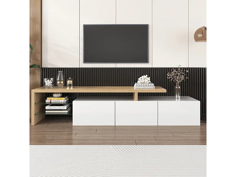 Meuble TV Moderne : Élégance Stylée, Rangement Pratique, Blanc Brillant, Aspect Bois, Étagères en Verre, Éclairage LED