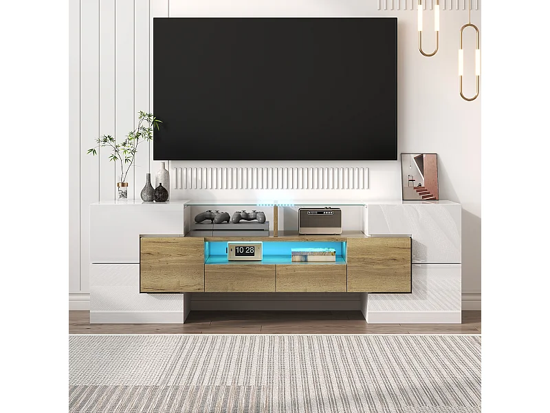 Meuble TV élégant, Lowboard, blanc laqué, 145 cm, éclairage LED, meuble pour salon, design moderne, surface en verre élégante