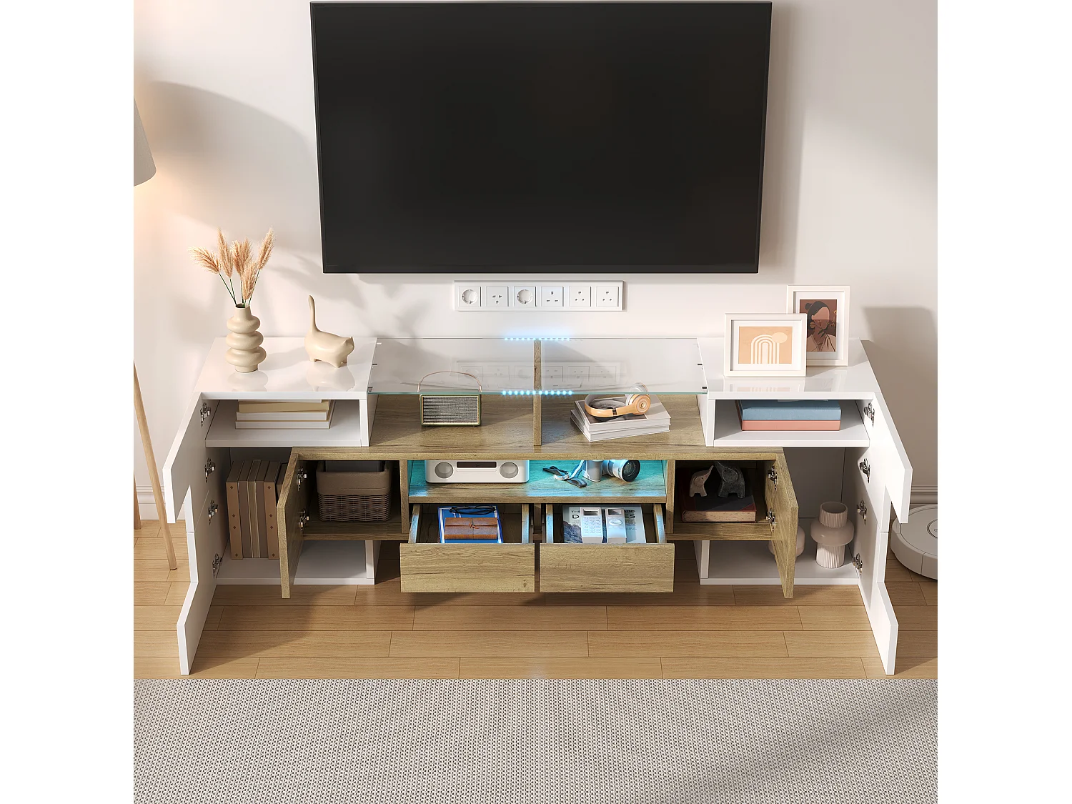 Meuble TV élégant, Lowboard, blanc laqué, 145 cm, éclairage LED, meuble pour salon, design moderne, surface en verre élégante