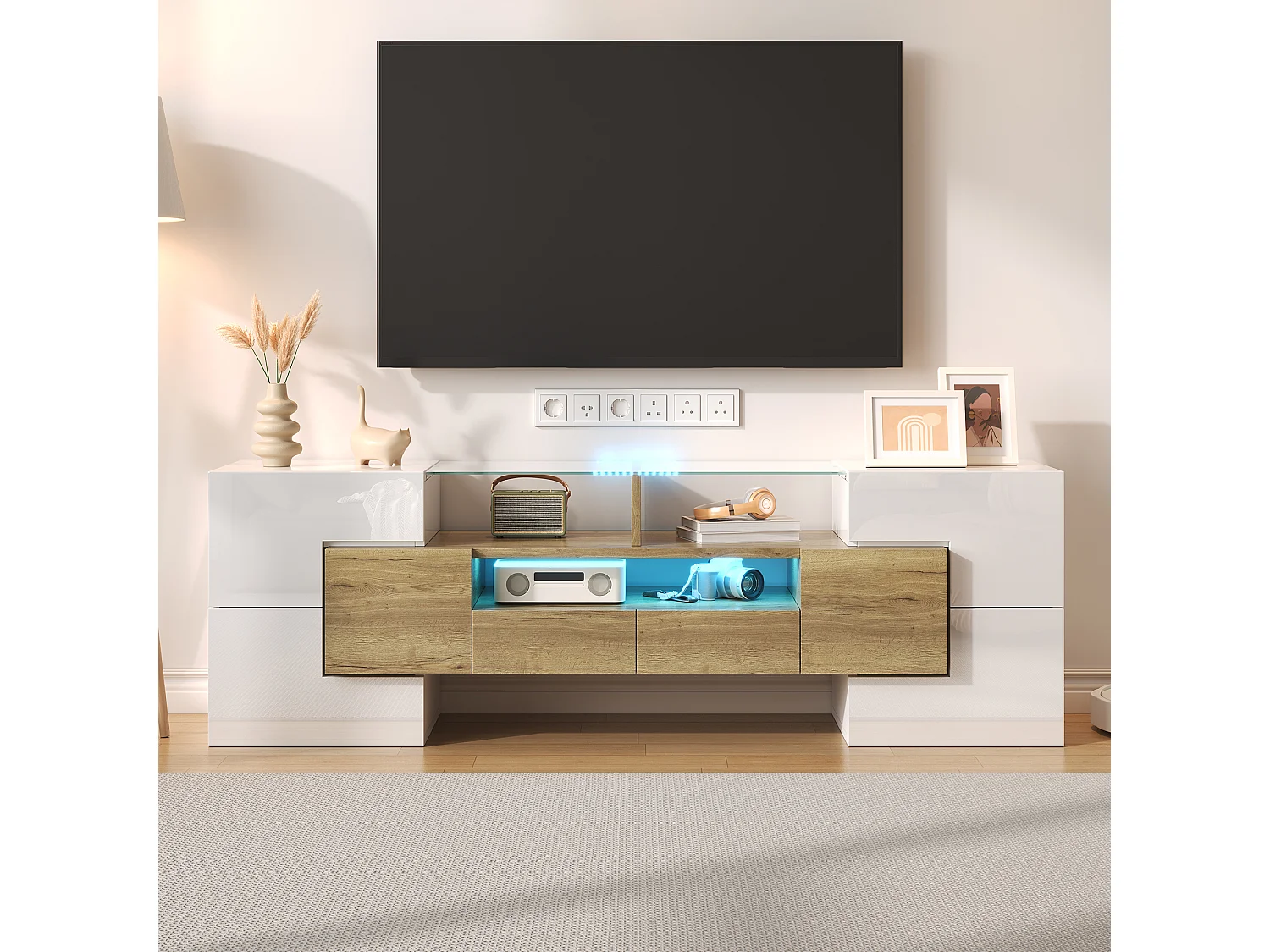 Meuble TV élégant, Lowboard, blanc laqué, 145 cm, éclairage LED, meuble pour salon, design moderne, surface en verre élégante