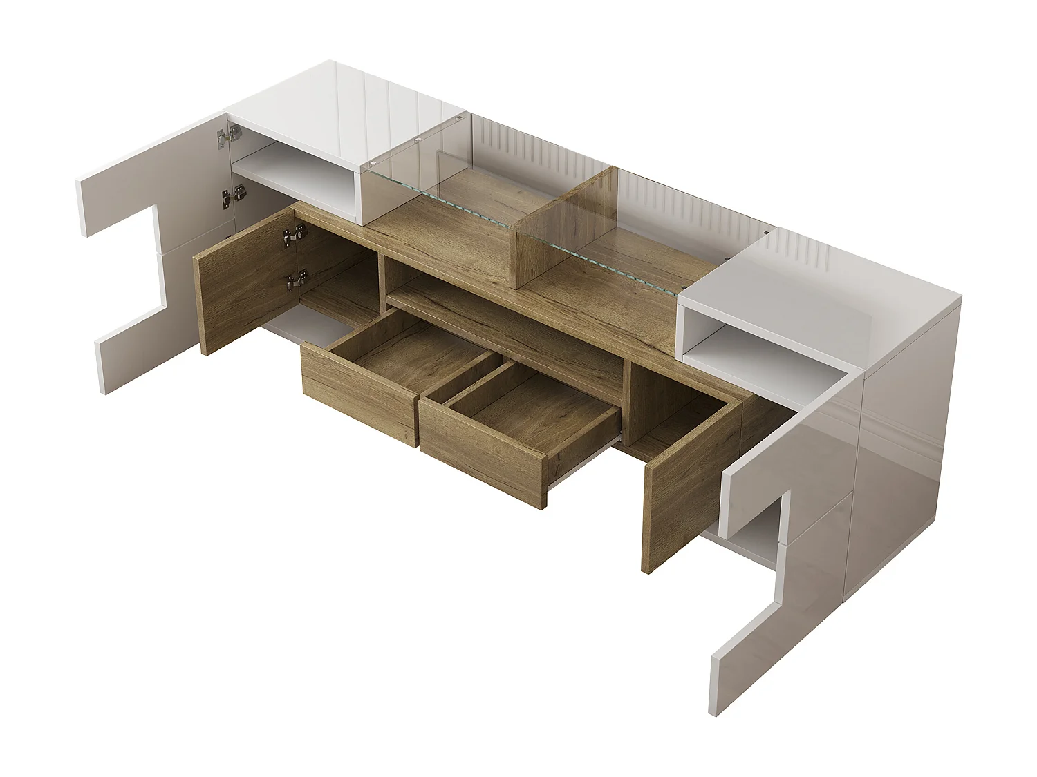 Meuble TV élégant, Lowboard, blanc laqué, 145 cm, éclairage LED, meuble pour salon, design moderne, surface en verre élégante