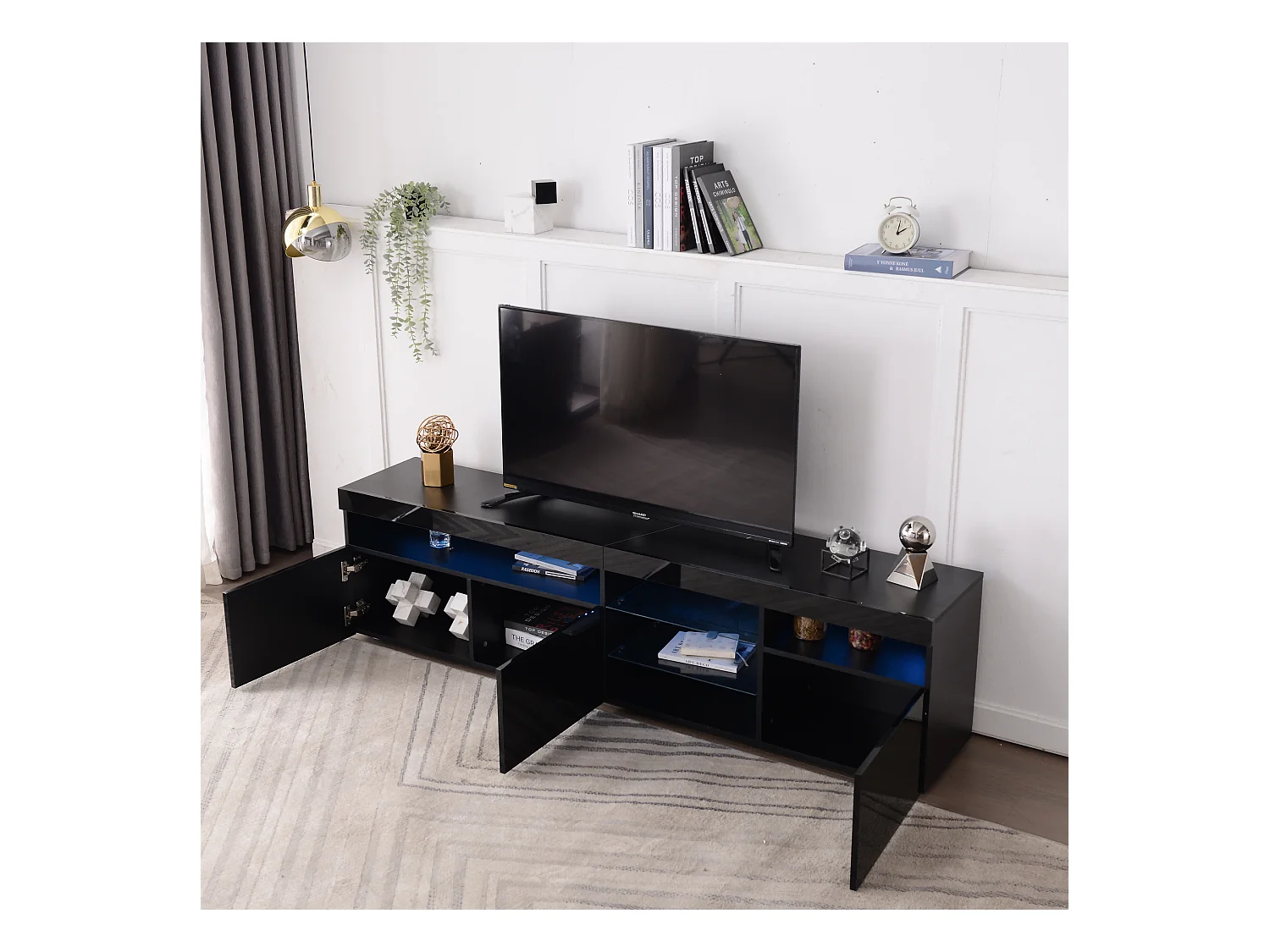 Meuble TV moderne noir, panneau clair, éclairage LED variable, pour salon et salle à manger, 180 cm