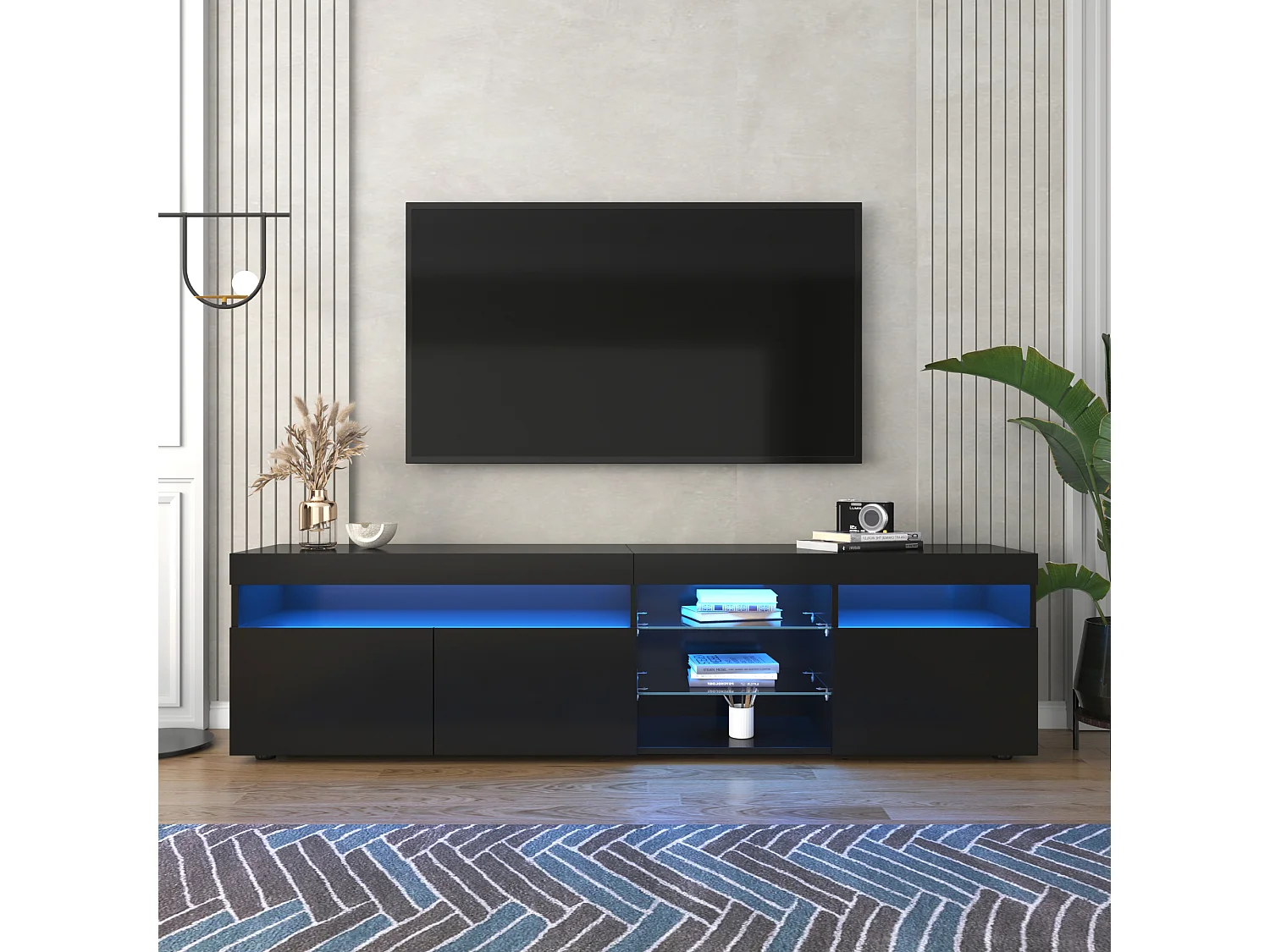 Meuble TV moderne noir, panneau clair, éclairage LED variable, pour salon et salle à manger, 180 cm