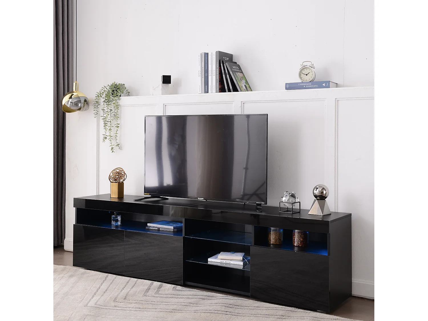 Meuble TV moderne noir, panneau clair, éclairage LED variable, pour salon et salle à manger, 180 cm