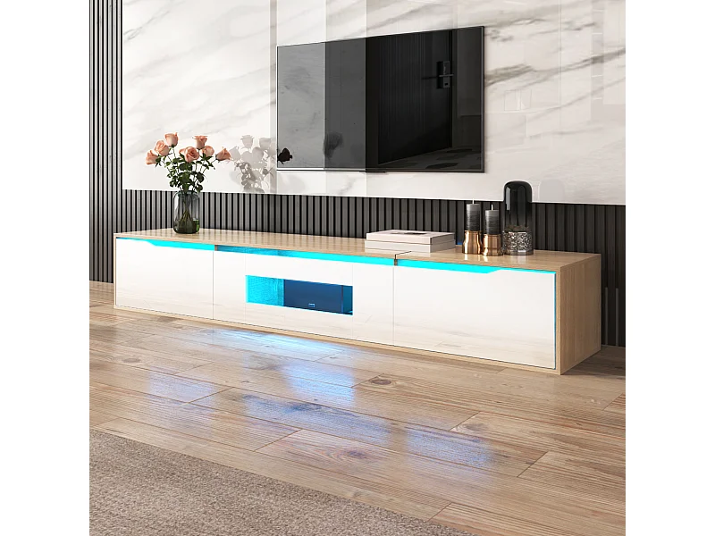 Meuble TV, Meuble TV Brillant, Assorti Blanc Brillant et Imitation Bois, avec Éclairage LED Multicolore