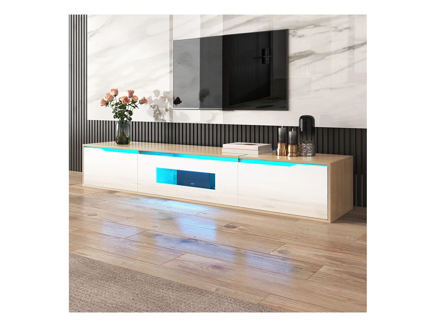 Meuble TV, Meuble TV Brillant, Assorti Blanc Brillant et Imitation Bois, avec Éclairage LED Multicolore