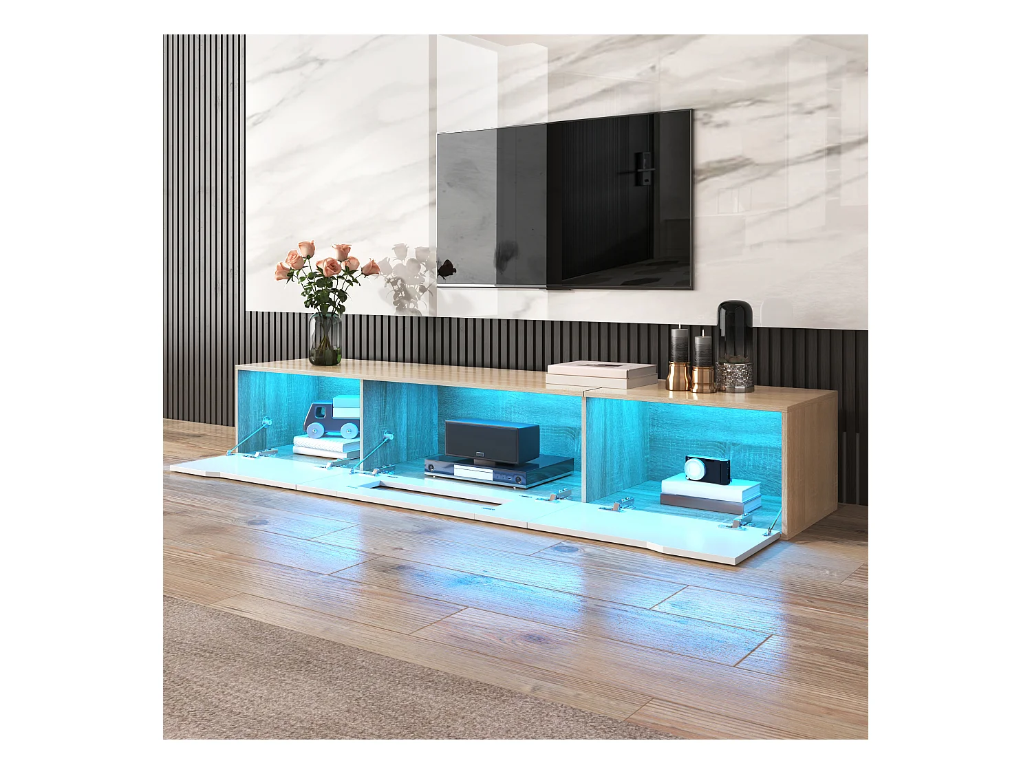 Meuble TV, Meuble TV Brillant, Assorti Blanc Brillant et Imitation Bois, avec Éclairage LED Multicolore