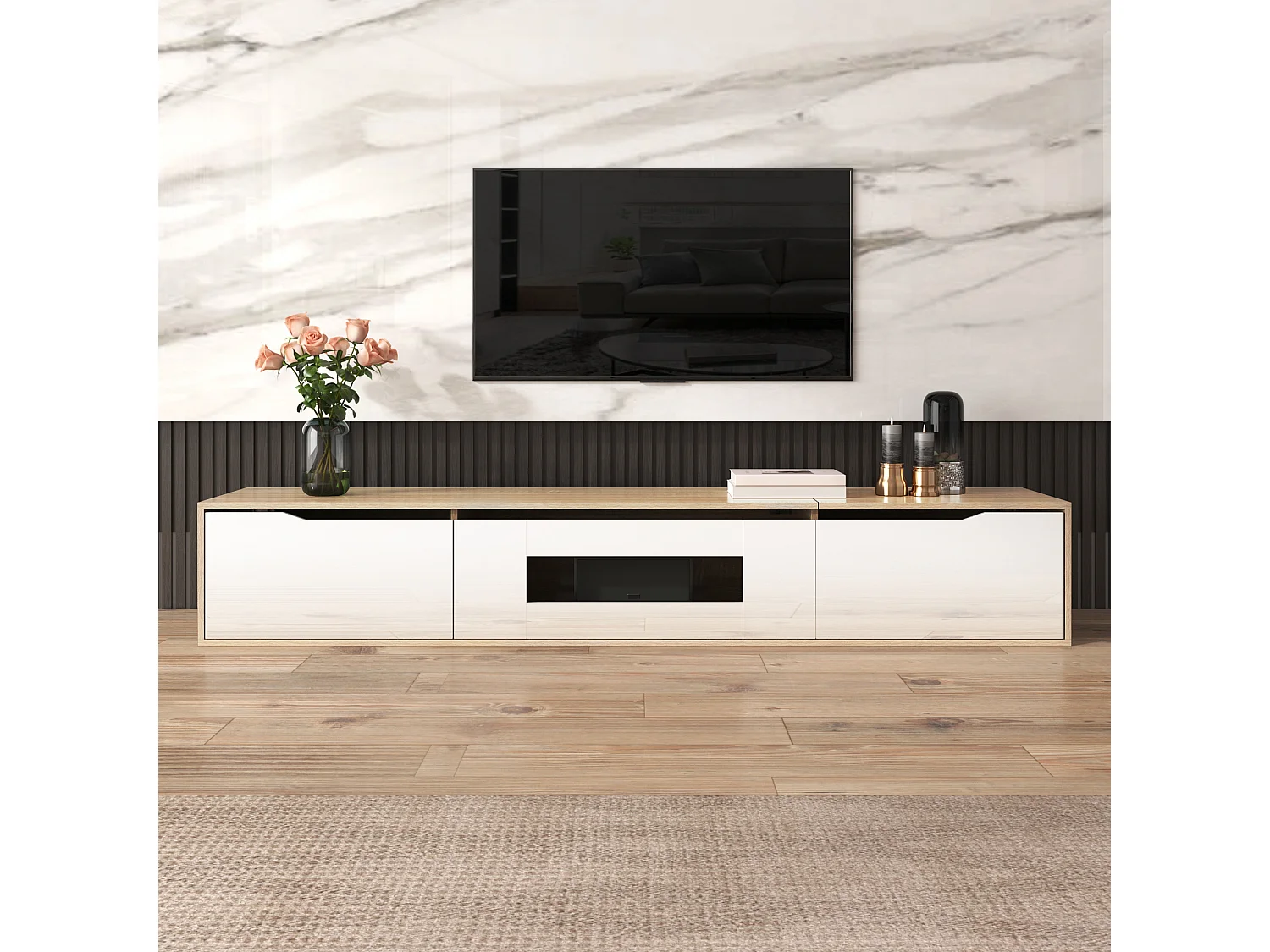 Meuble TV, Meuble TV Brillant, Assorti Blanc Brillant et Imitation Bois, avec Éclairage LED Multicolore