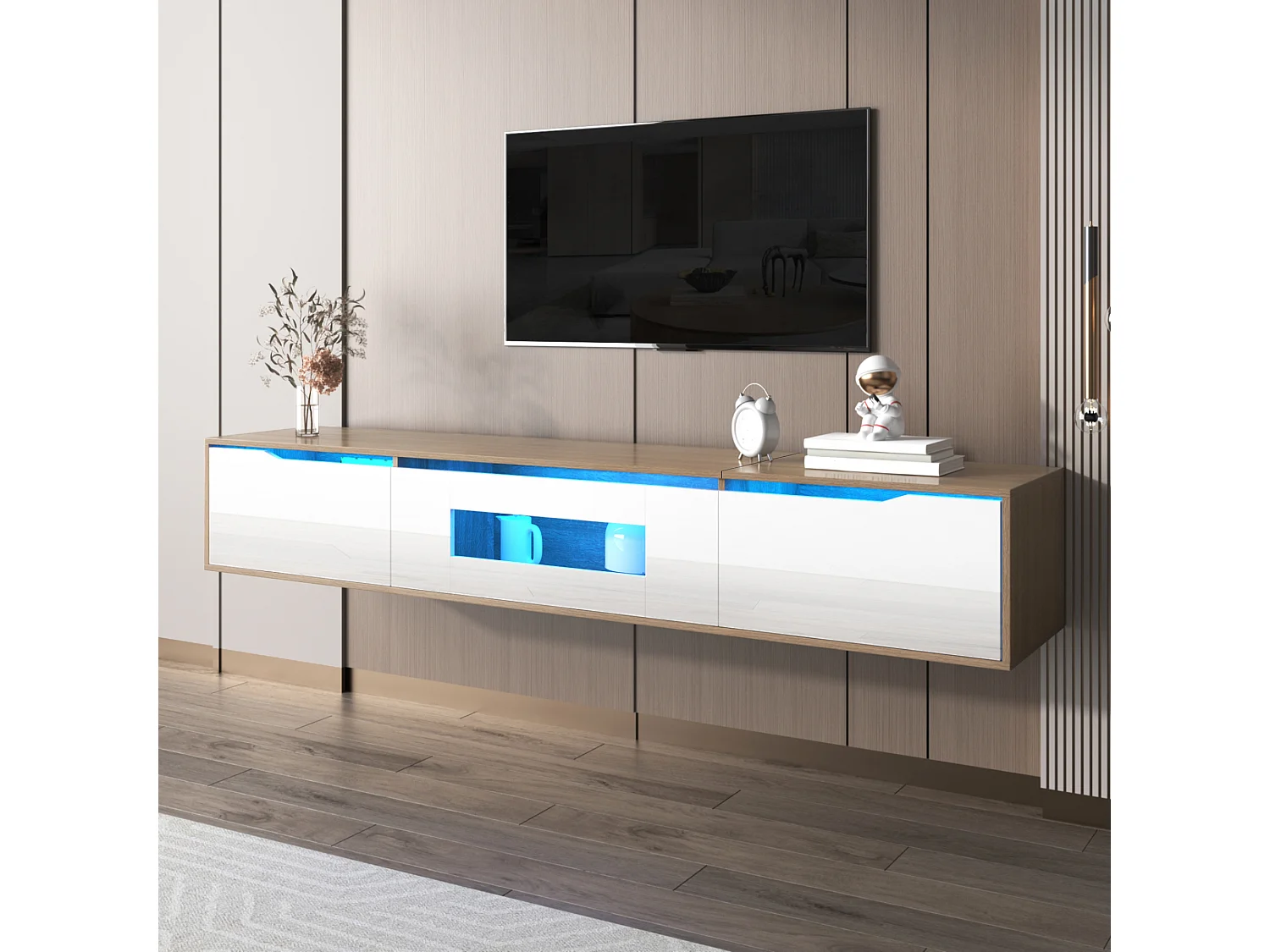 Meuble TV, Meuble TV Brillant, Assorti Blanc Brillant et Imitation Bois, avec Éclairage LED Multicolore