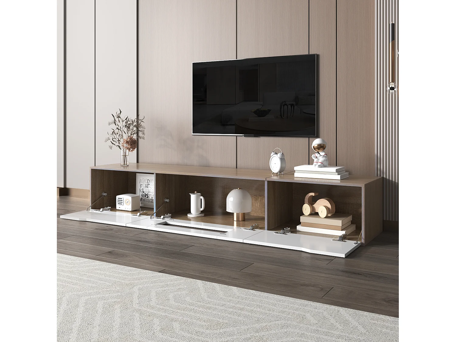 Meuble TV, Meuble TV Brillant, Assorti Blanc Brillant et Imitation Bois, avec Éclairage LED Multicolore