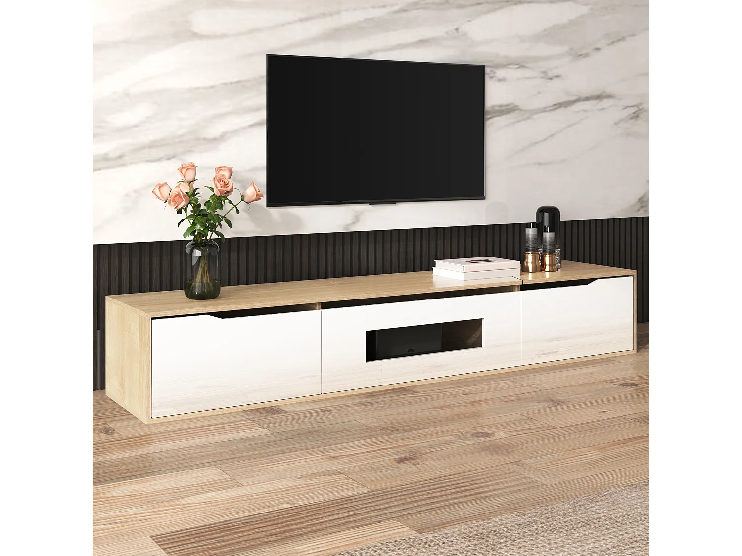 Meuble TV, Meuble TV Brillant, Assorti Blanc Brillant et Imitation Bois, avec Éclairage LED Multicolore