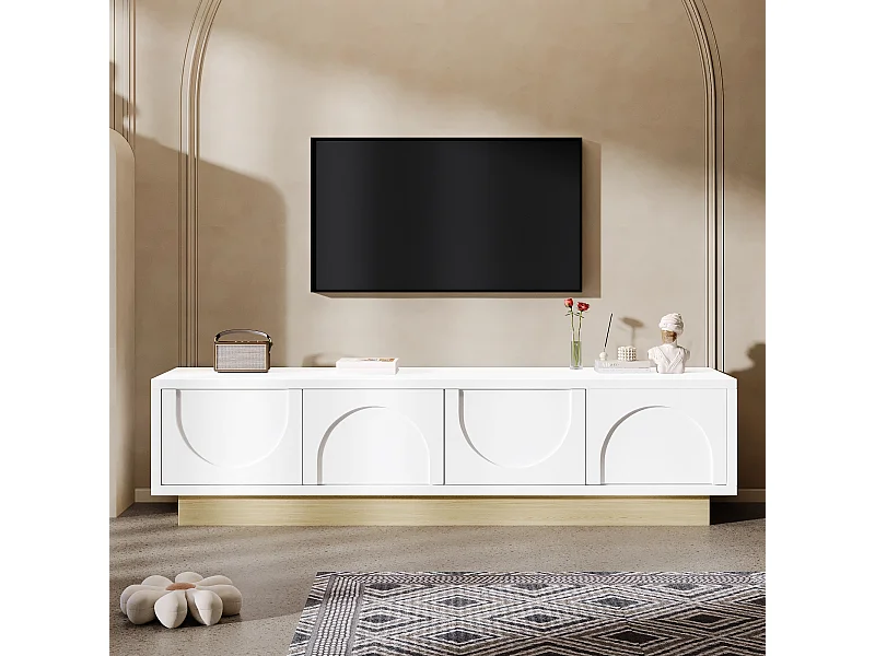 Meuble TV moderne blanc avec finition bois, 175 cm, design minimaliste arrondi, grand espace de rangement et gestion des câbles.