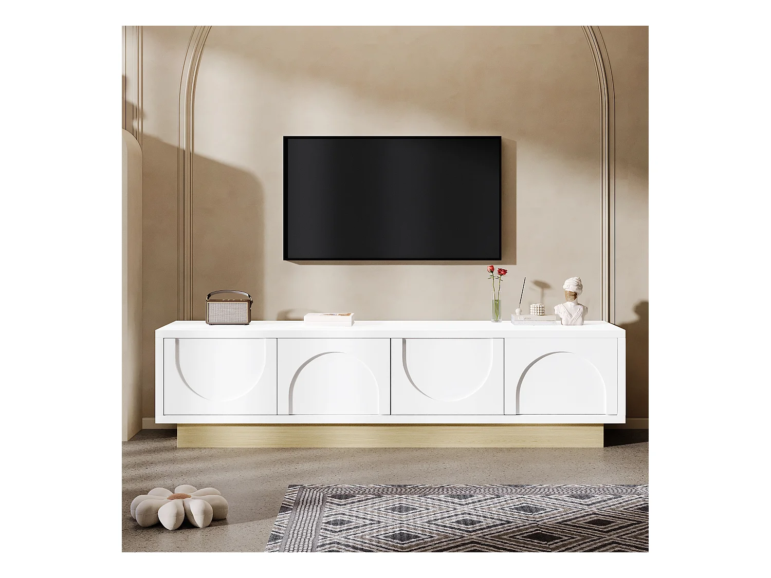 Meuble TV moderne blanc avec finition bois, 175 cm, design minimaliste arrondi, grand espace de rangement et gestion des câbles.