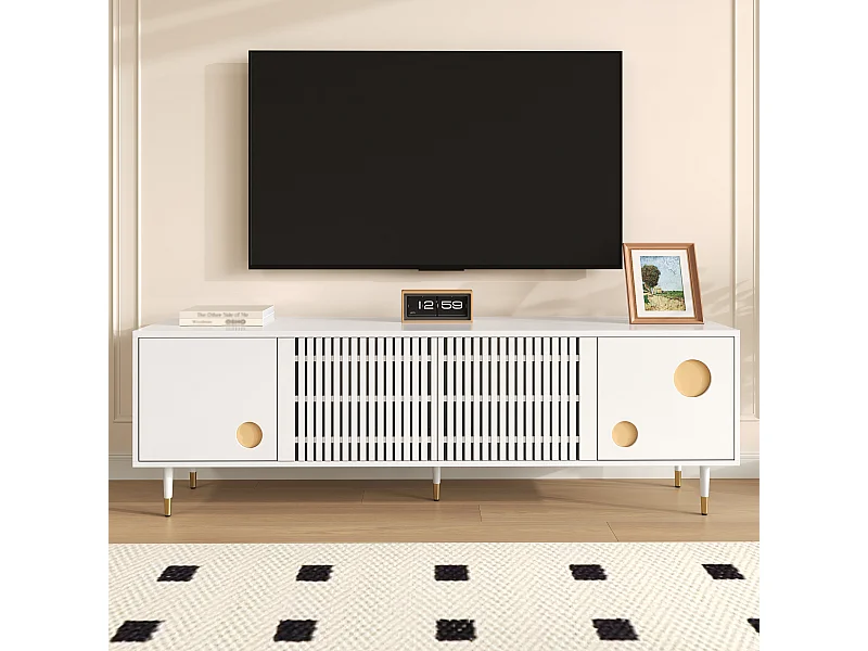 Meuble TV avec structure en grille, poignées cachées, décoration dorée, meubles pour salon, deux portes en bois massif.