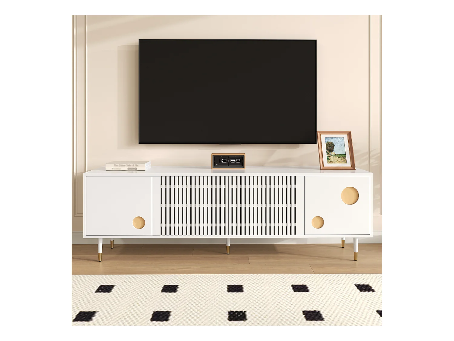 Meuble TV avec structure en grille, poignées cachées, décoration dorée, meubles pour salon, deux portes en bois massif.