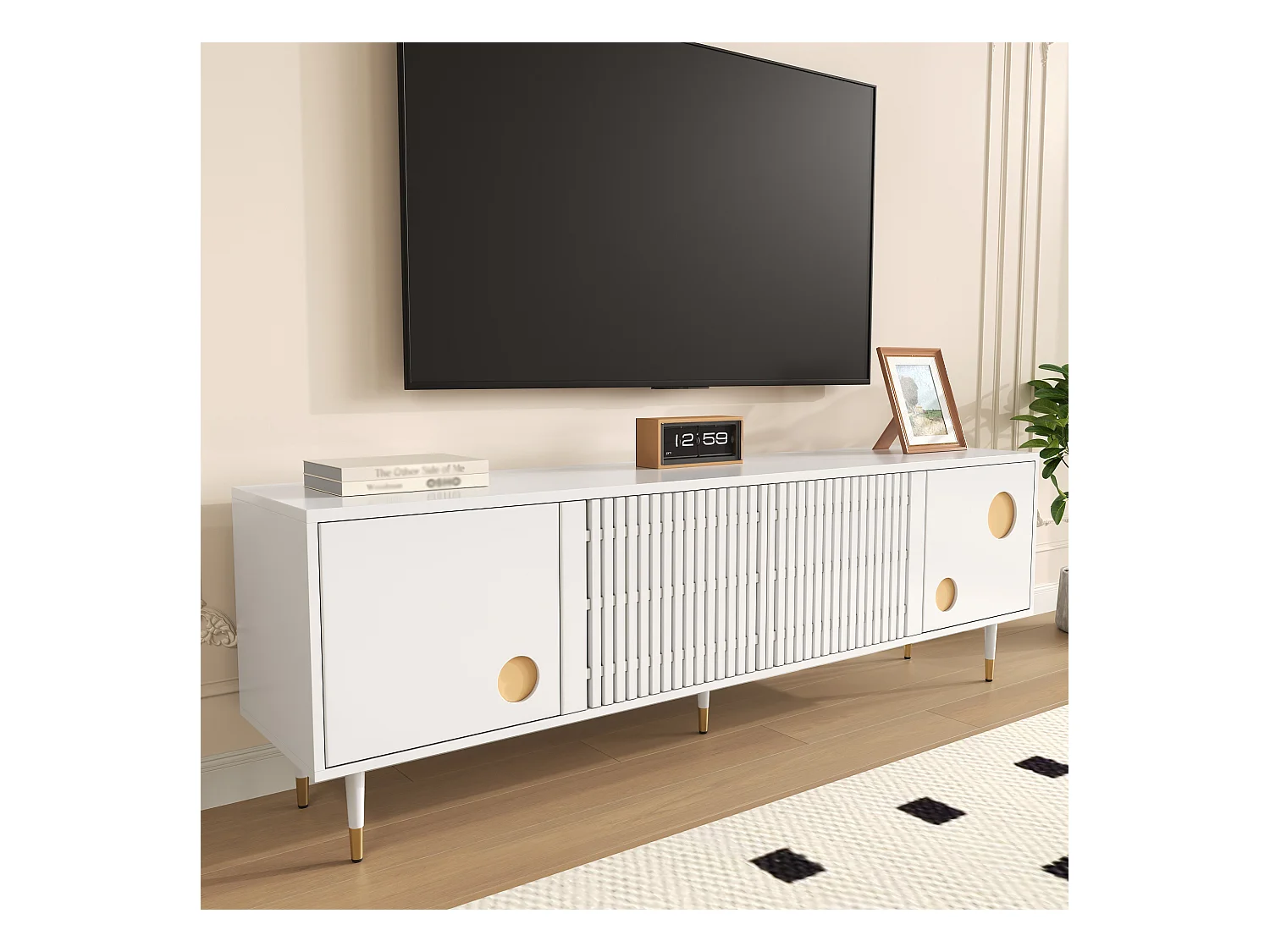 Meuble TV avec structure en grille, poignées cachées, décoration dorée, meubles pour salon, deux portes en bois massif.