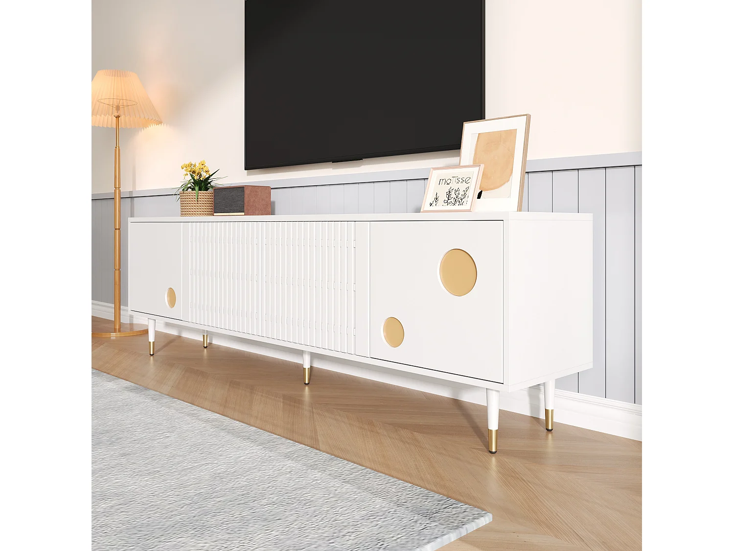 Meuble TV avec structure en grille, poignées cachées, décoration dorée, meubles pour salon, deux portes en bois massif.