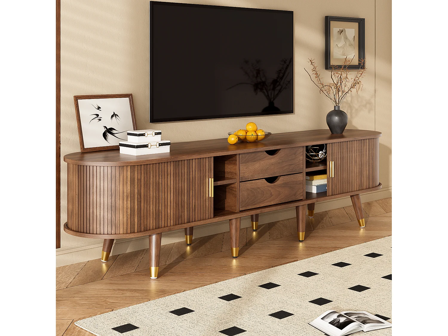 Meuble TV 175 cm avec porte coulissante en rotin, finition noyer, grand espace de rangement, design naturel en style campagne, MDF avec étagères et tiroirs.