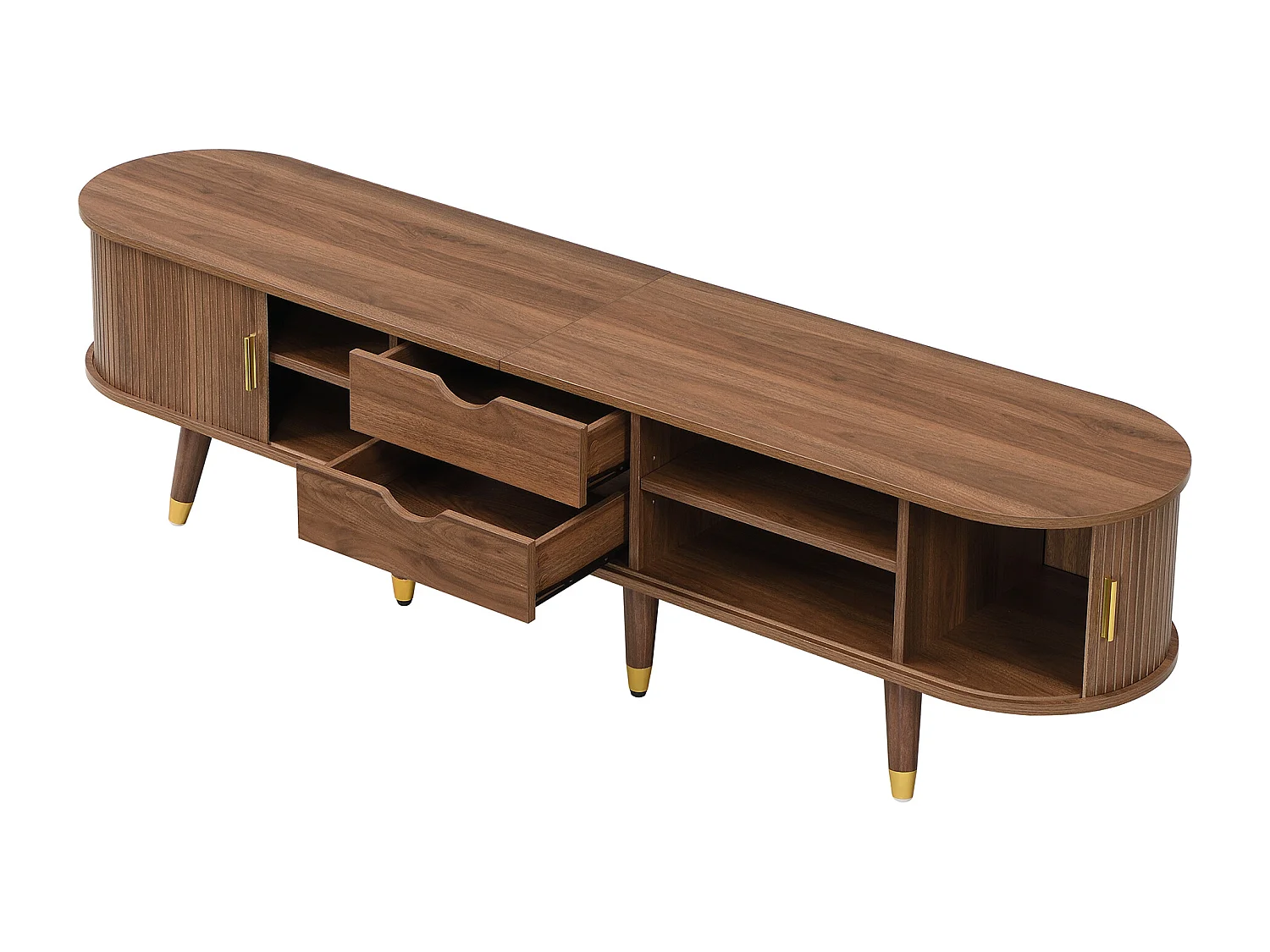 Meuble TV 175 cm avec porte coulissante en rotin, finition noyer, grand espace de rangement, design naturel en style campagne, MDF avec étagères et tiroirs.