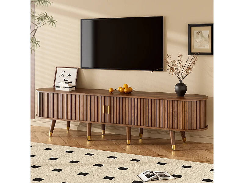 Meuble TV 175 cm avec porte coulissante en rotin, finition noyer, grand espace de rangement, design naturel en style campagne, MDF avec étagères et tiroirs.