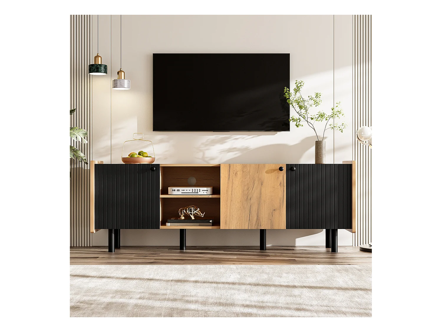 Meuble TV 160 cm noir et bois, style moderne avec trois portes et deux compartiments ouverts, design élégant pour le salon.