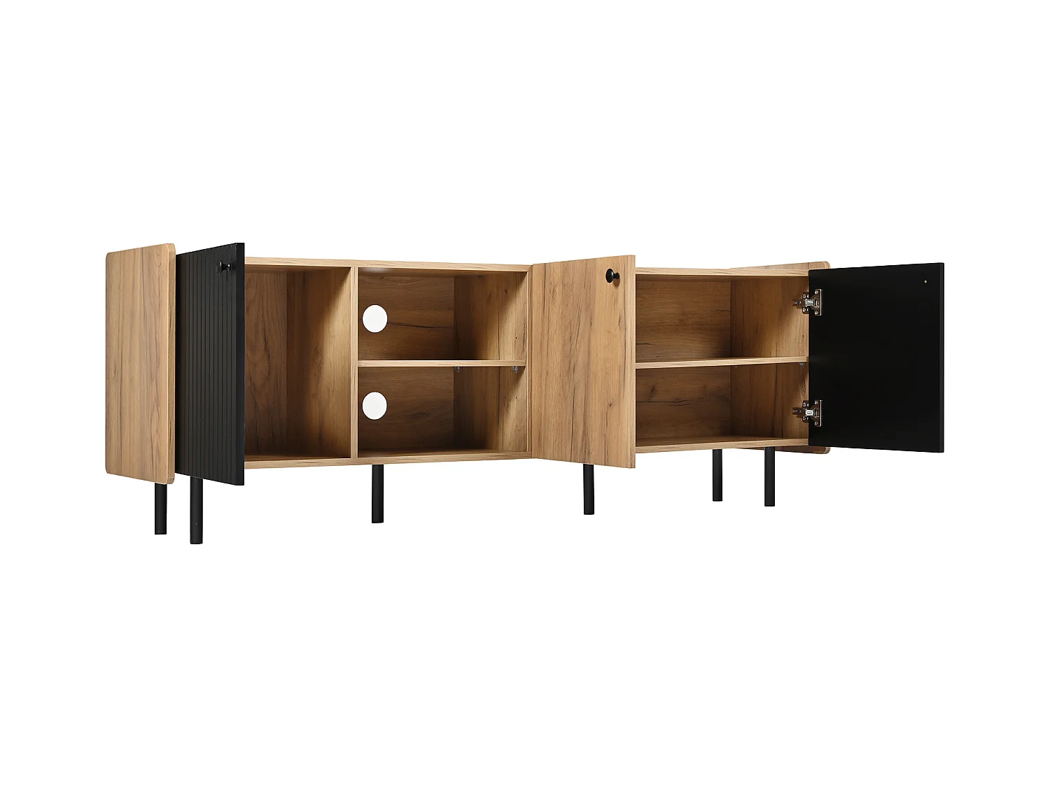 Meuble TV 160 cm noir et bois, style moderne avec trois portes et deux compartiments ouverts, design élégant pour le salon.