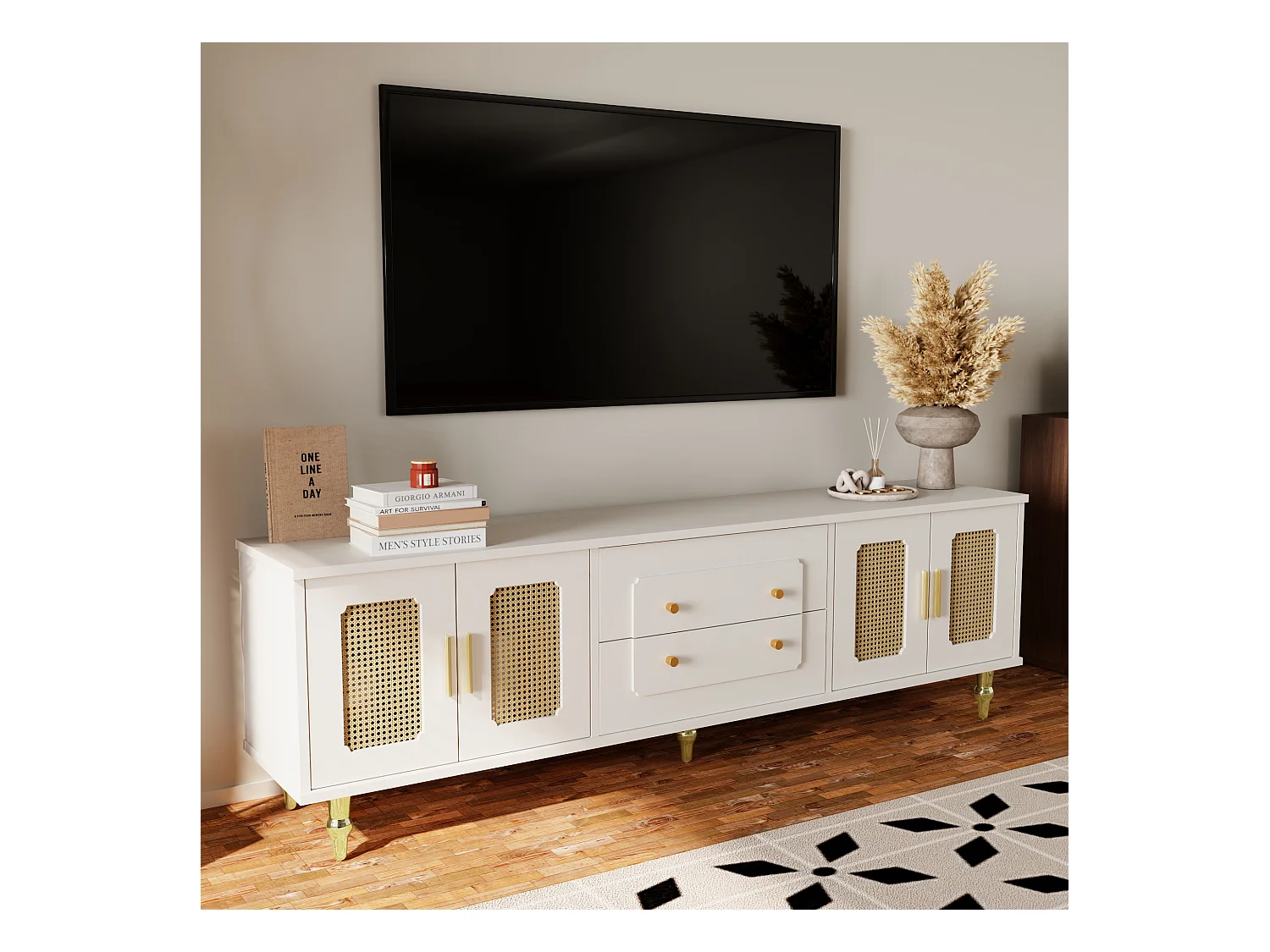 Lowboard, Meuble TV Style Rétro, Poignées Dorées, Grand Rangement, Porte en Rotin, Pieds Métal