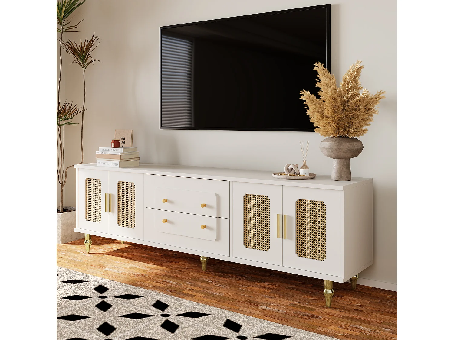 Lowboard, Meuble TV Style Rétro, Poignées Dorées, Grand Rangement, Porte en Rotin, Pieds Métal