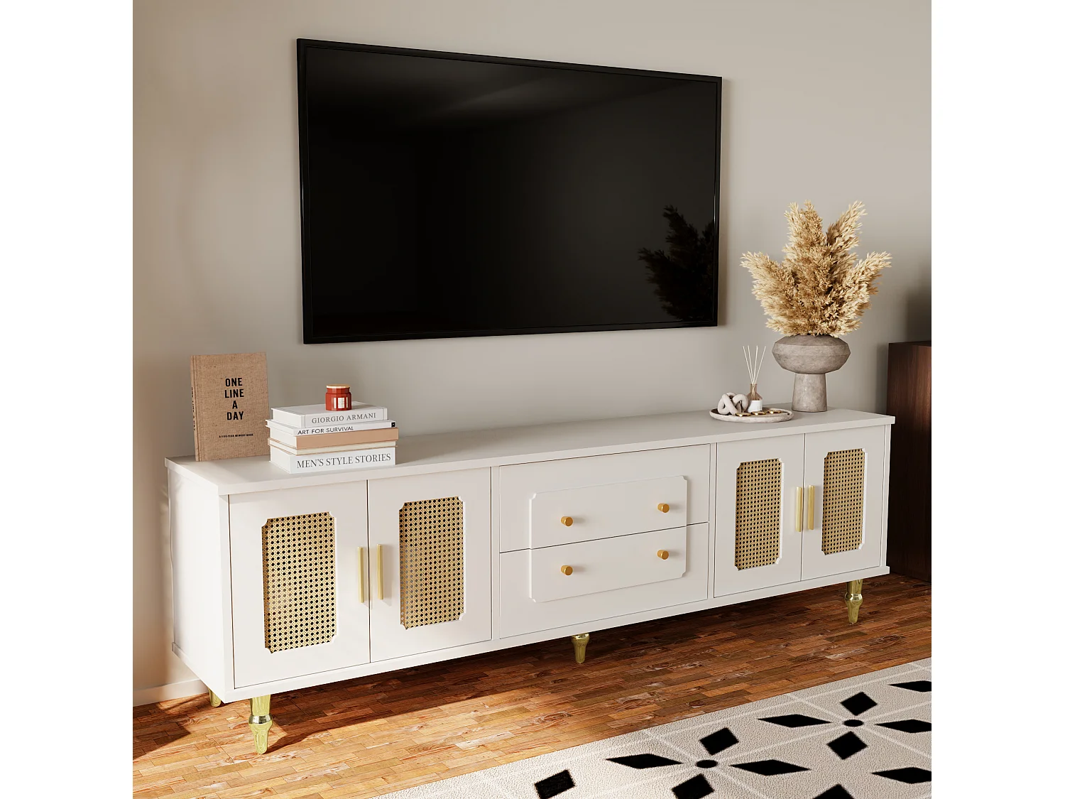 Lowboard, Meuble TV Style Rétro, Poignées Dorées, Grand Rangement, Porte en Rotin, Pieds Métal