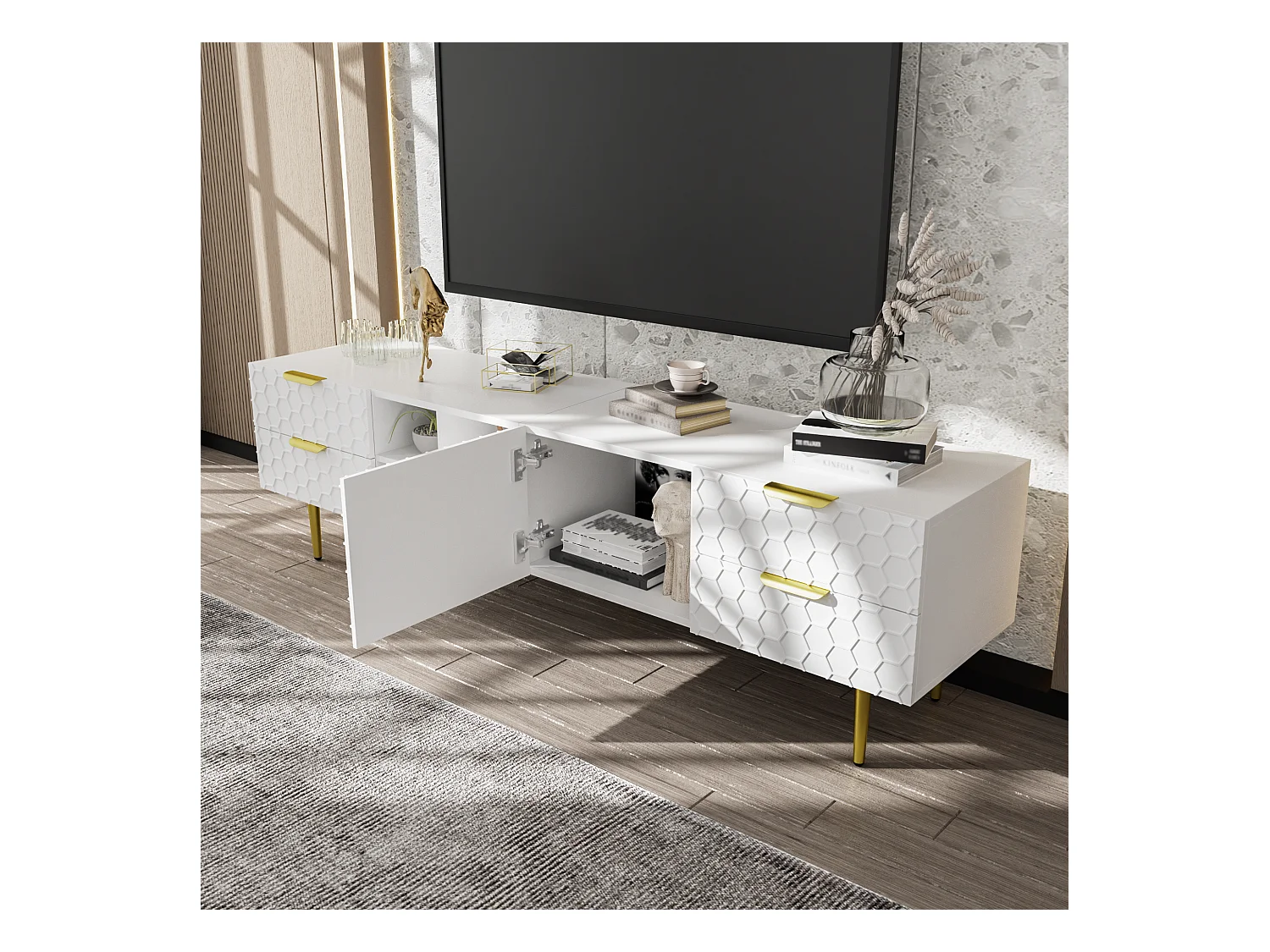 Meuble TV, Lowboard avec Portes Structurées, Tiroirs et Compartiments Ouverts, Poignées et Pieds Dorés