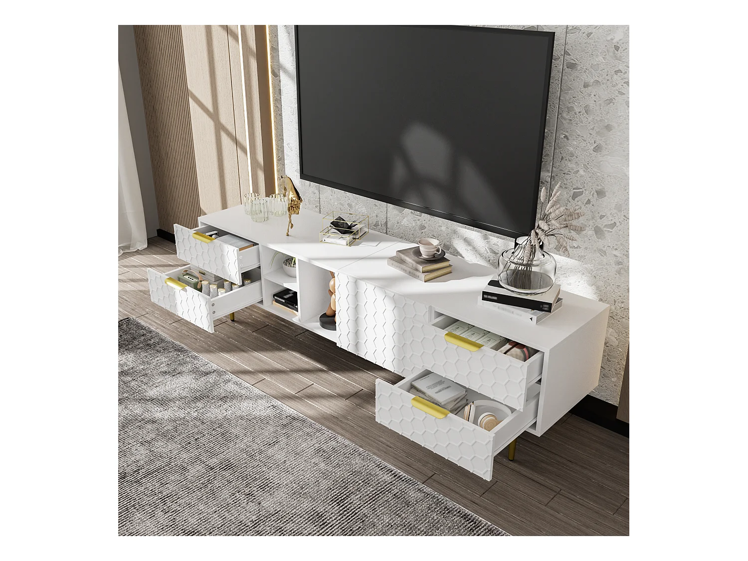 Meuble TV, Lowboard avec Portes Structurées, Tiroirs et Compartiments Ouverts, Poignées et Pieds Dorés