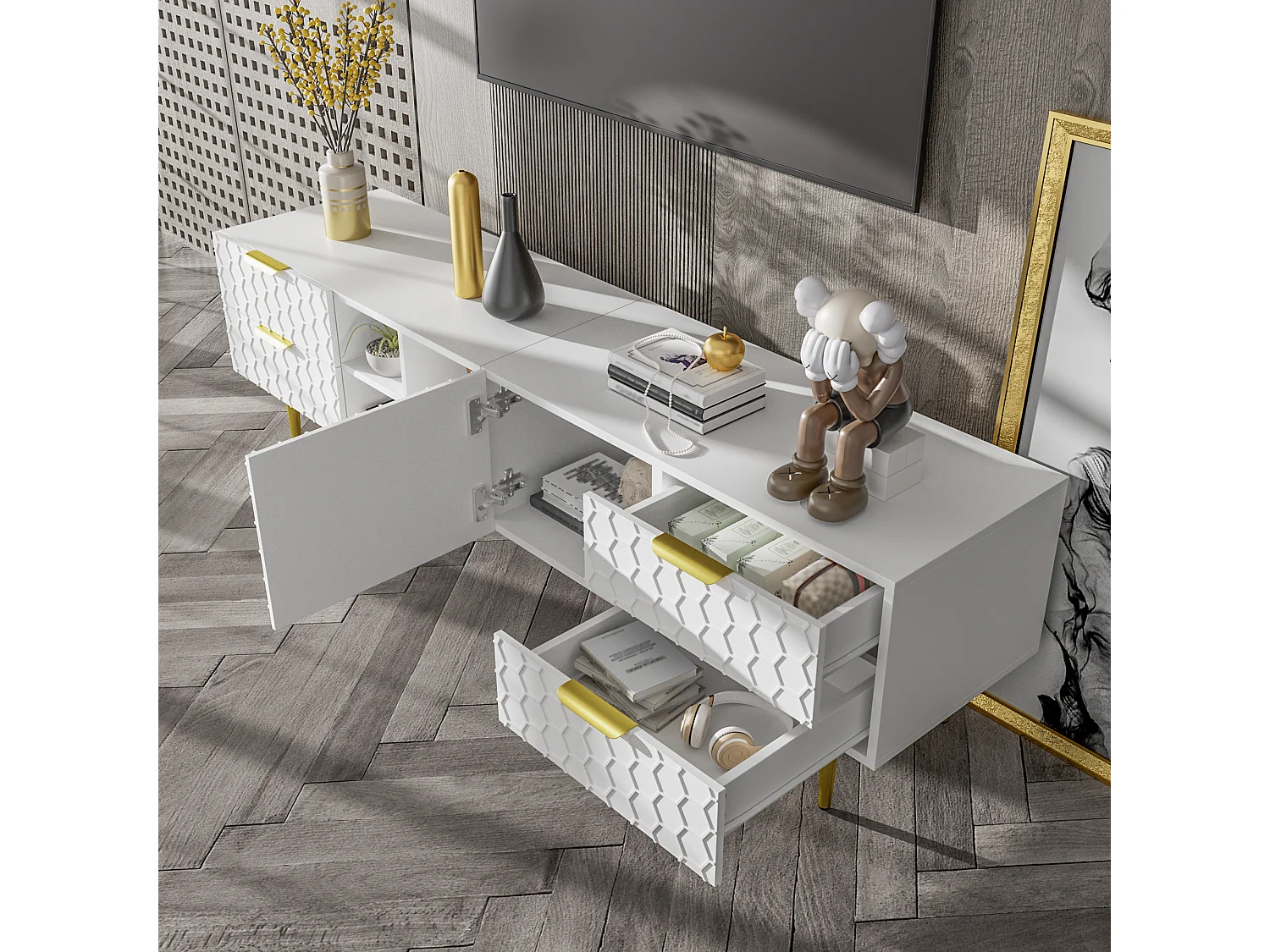 Meuble TV, Lowboard avec Portes Structurées, Tiroirs et Compartiments Ouverts, Poignées et Pieds Dorés