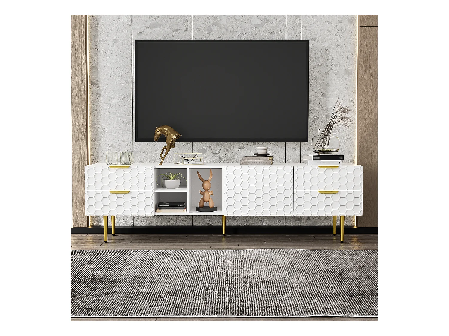 Meuble TV, Lowboard avec Portes Structurées, Tiroirs et Compartiments Ouverts, Poignées et Pieds Dorés