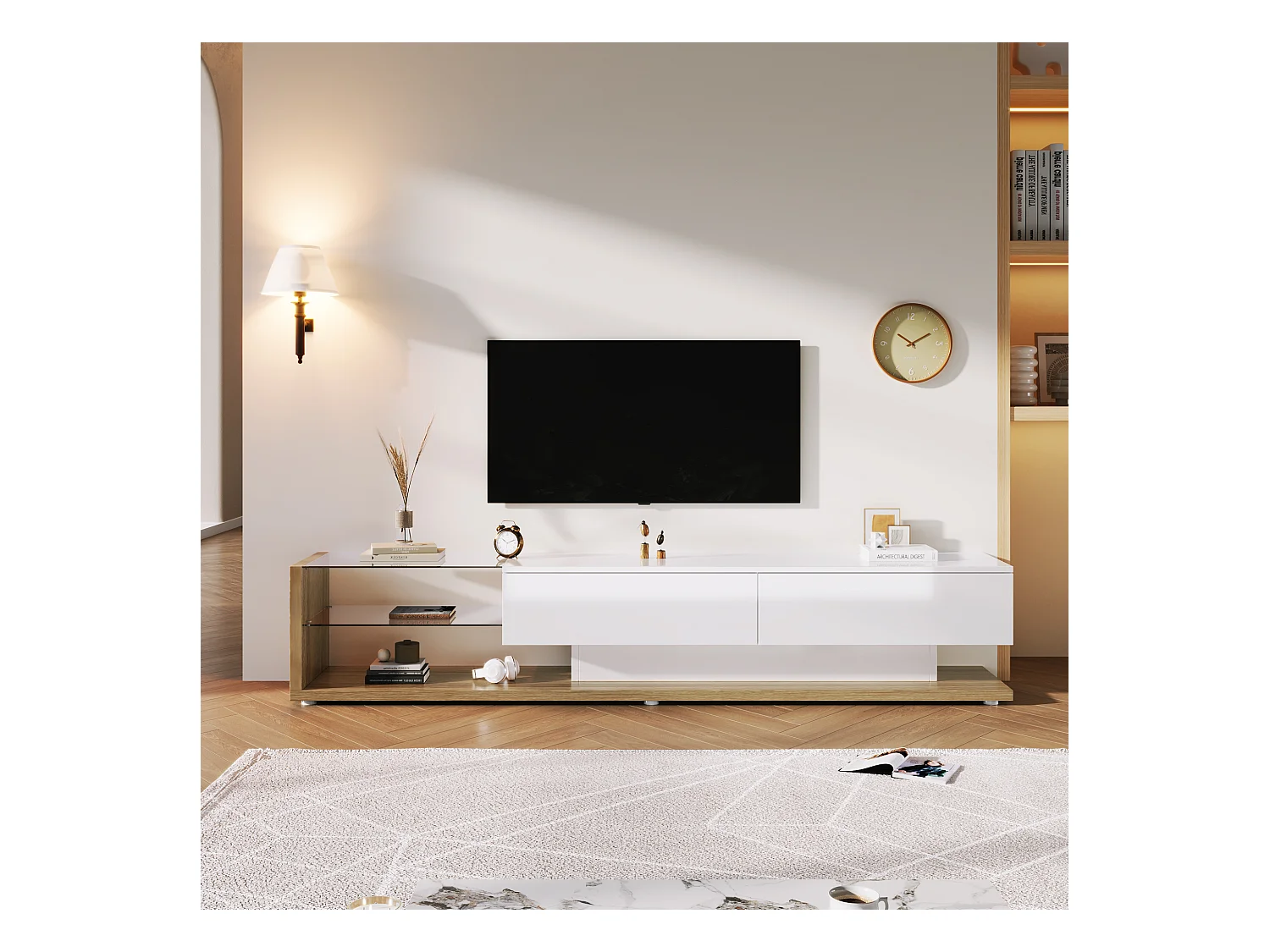 Meuble TV/Lowboard blanc brillant et bois avec cloisons en verre et LED réglable. Style campagne et design moderne pour un salon harmonieux.