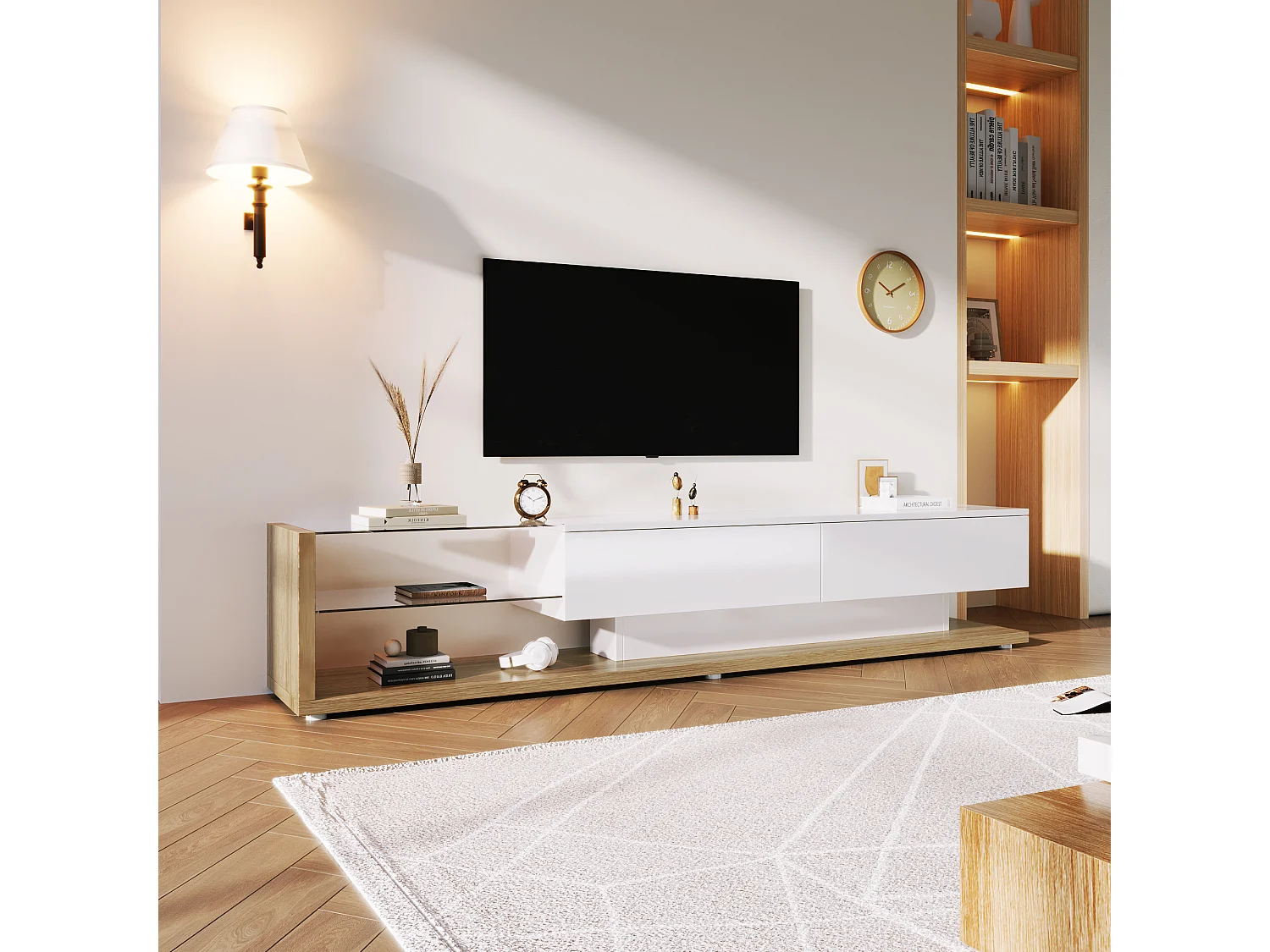Meuble TV/Lowboard blanc brillant et bois avec cloisons en verre et LED réglable. Style campagne et design moderne pour un salon harmonieux.