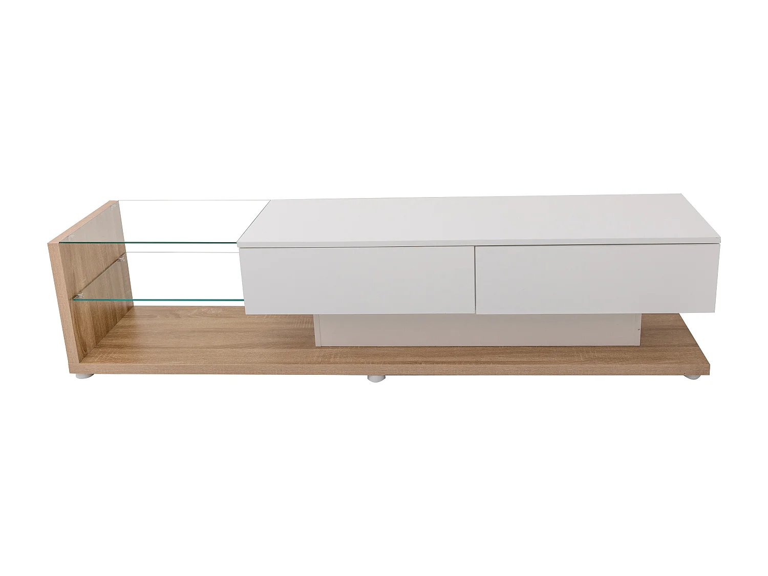 Meuble TV/Lowboard blanc brillant et bois avec cloisons en verre et LED réglable. Style campagne et design moderne pour un salon harmonieux.