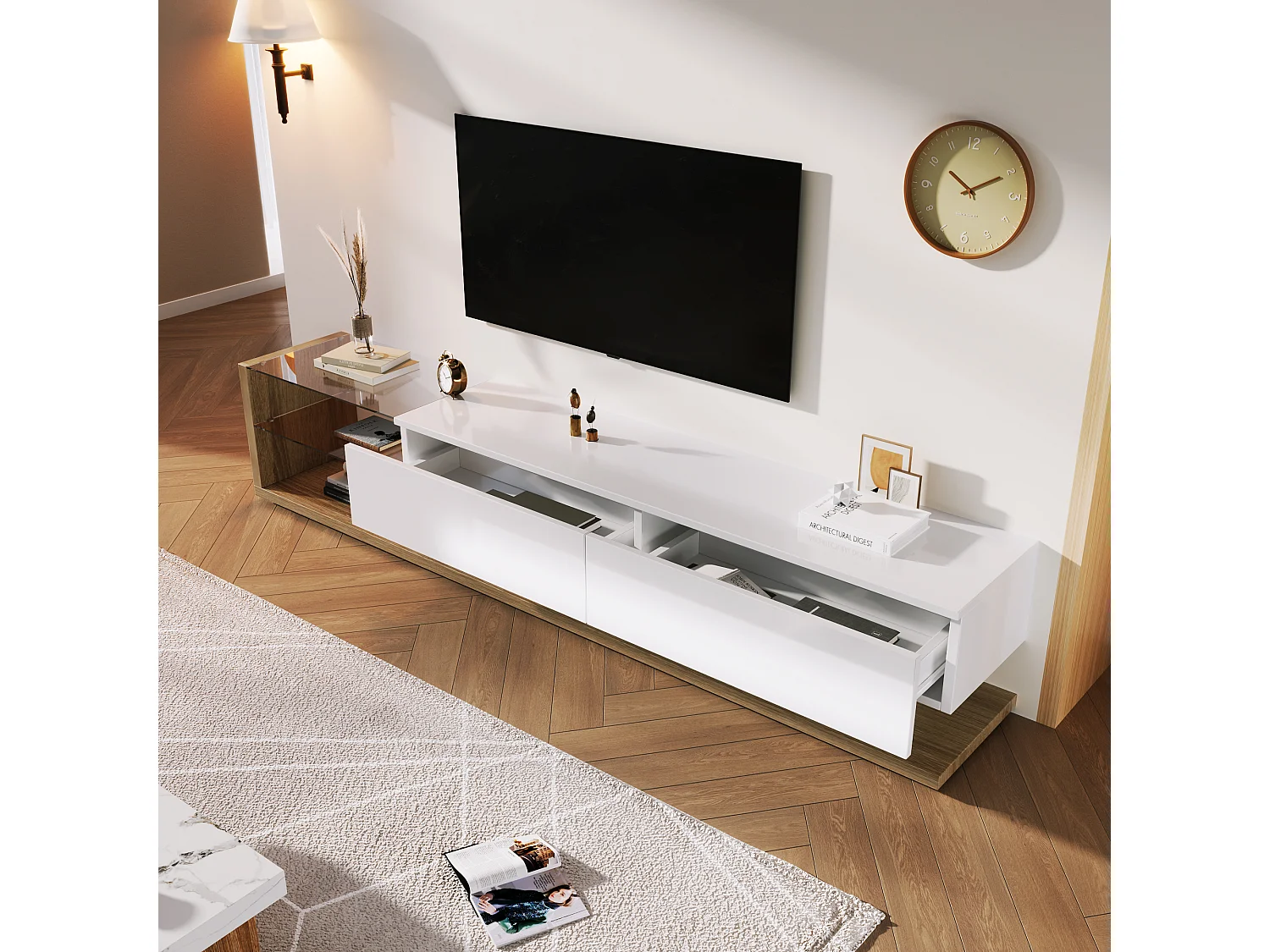 Meuble TV/Lowboard blanc brillant et bois avec cloisons en verre et LED réglable. Style campagne et design moderne pour un salon harmonieux.