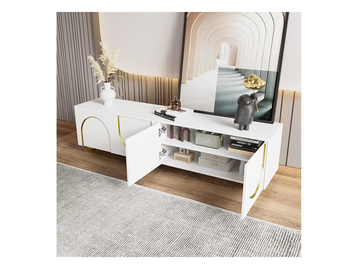 Meuble TV, Lowboard avec Portes Structurées, Ornements Dorés, Pieds Ronds Dorés, Tablettes Incluses, Push-to-Open