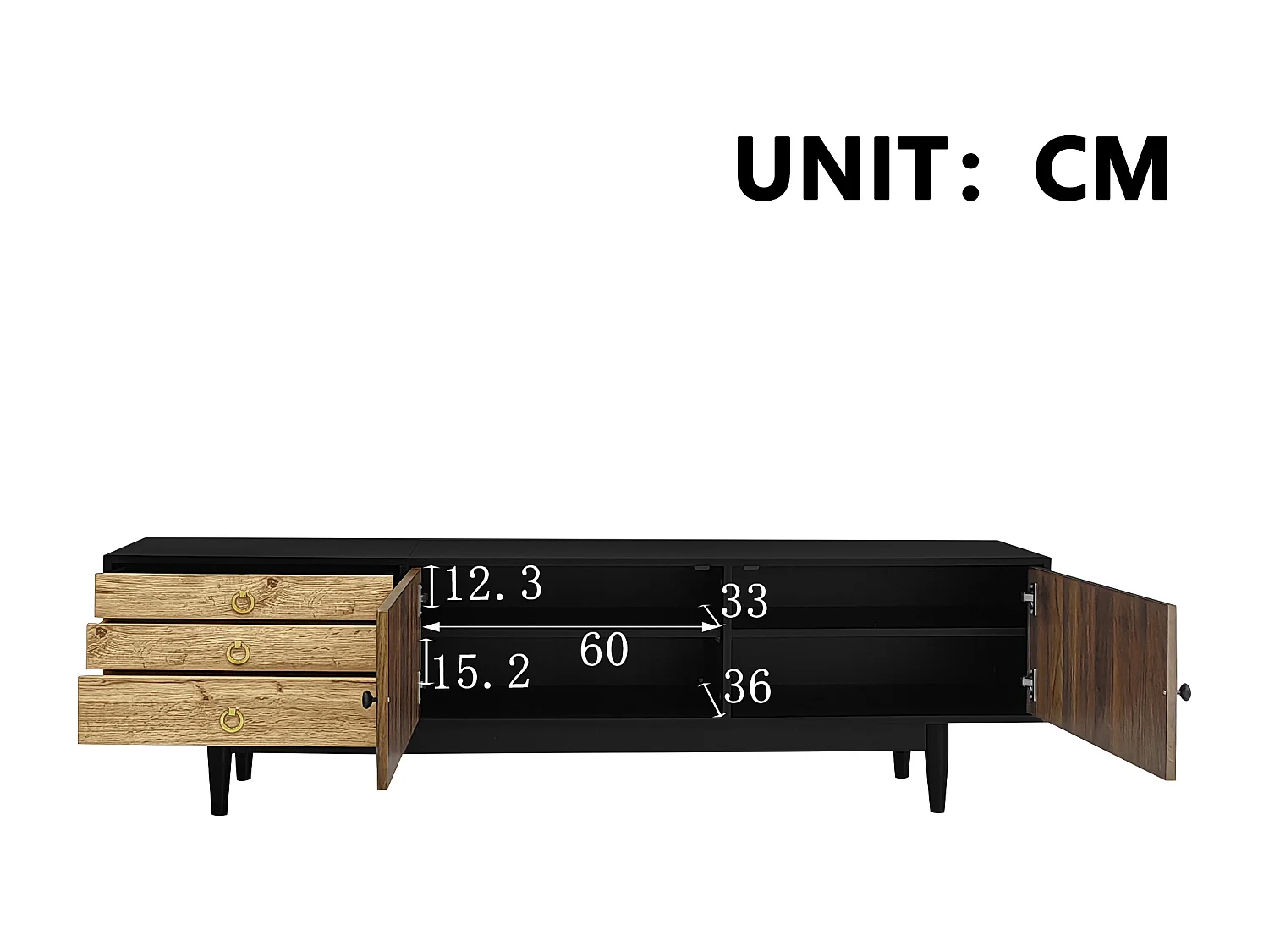 Meuble TV bas avec panneaux de porte à motif vague d'eau et trois tiroirs, combinaison bois et noir, design élégant pour le salon.