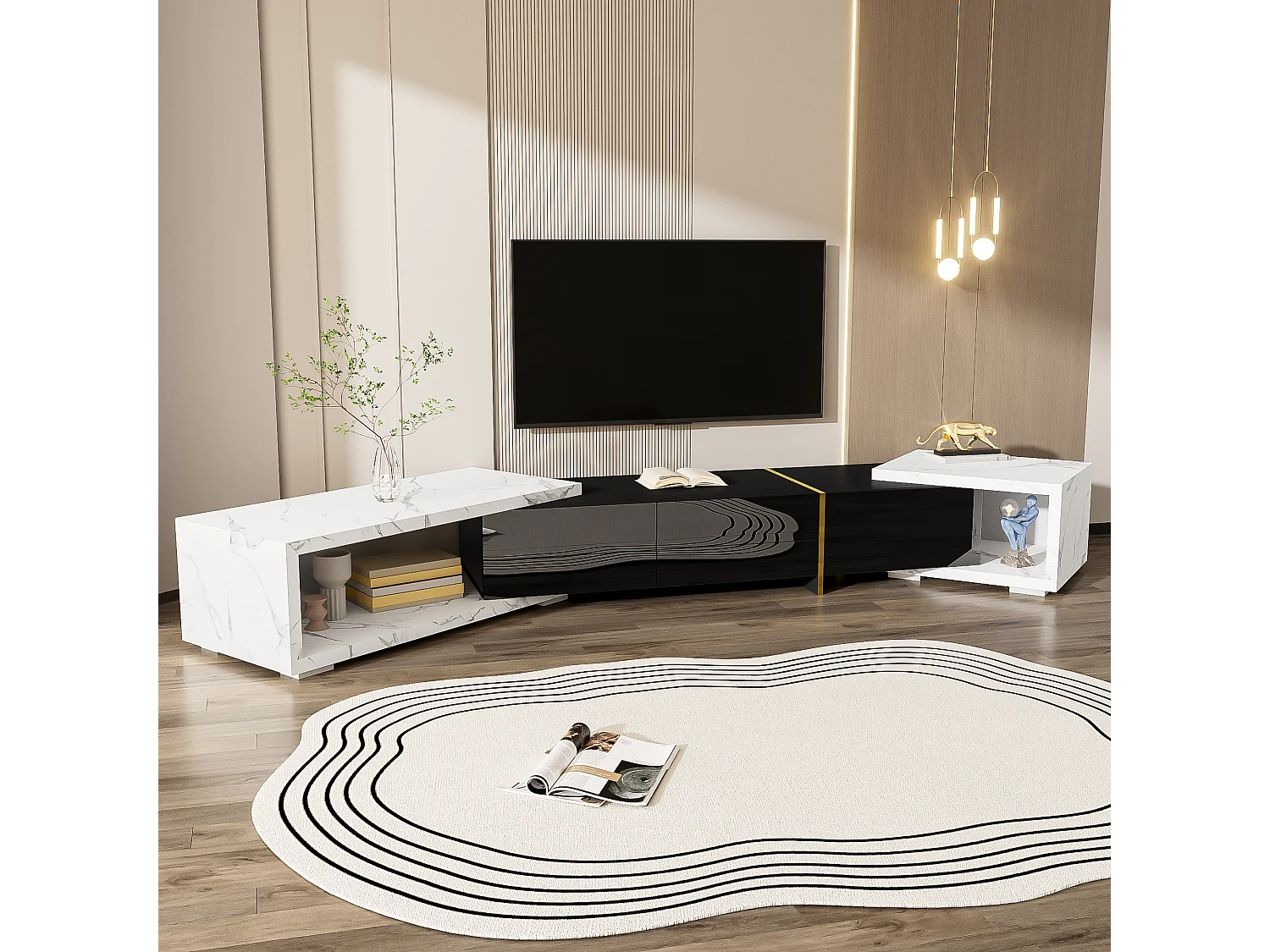 Meuble TV moderne avec longueur variable (140-260 cm), fonction rotative, finition marbre blanc, noir mat et brillant, décorations dorées.