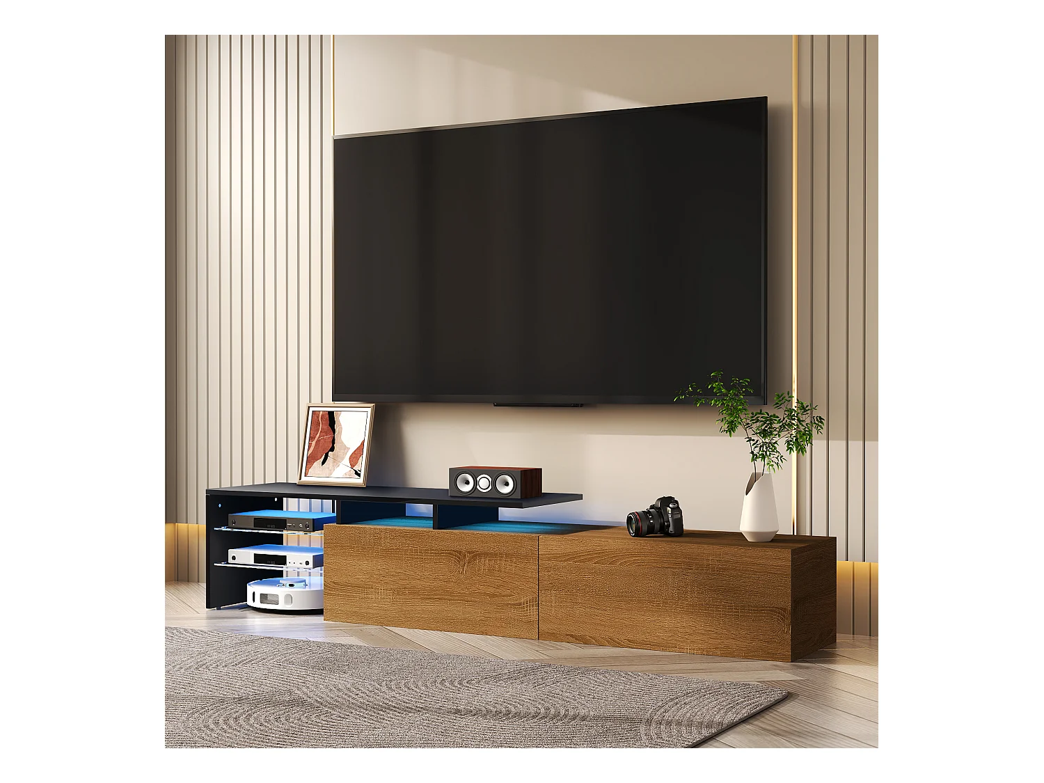 Meuble TV moderne au design élégant et stylé, offrant un rangement pratique, en noir haute brillance avec finition bois, plateaux en verre et éclairage LED intégré.