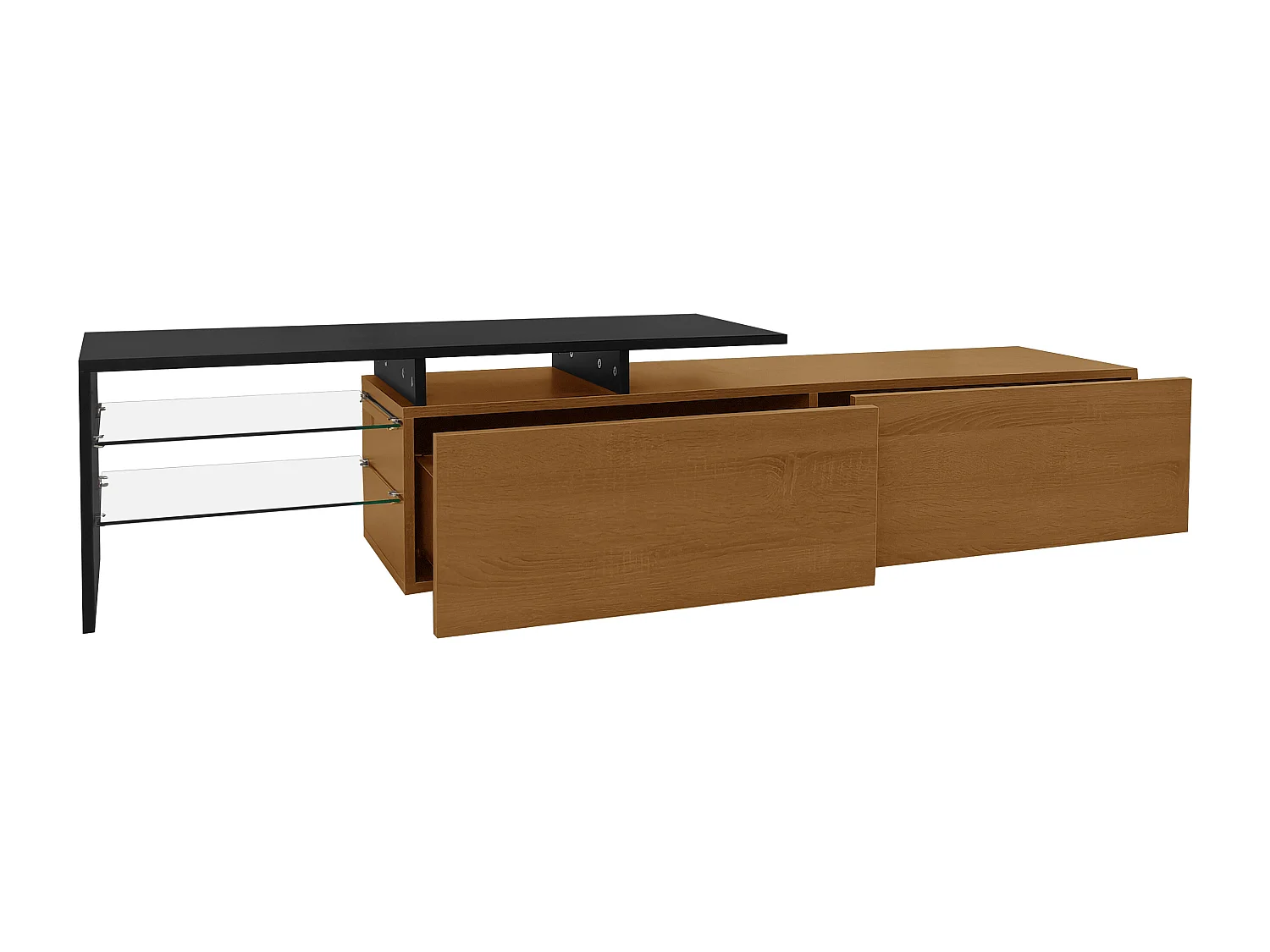 Meuble TV moderne au design élégant et stylé, offrant un rangement pratique, en noir haute brillance avec finition bois, plateaux en verre et éclairage LED intégré.