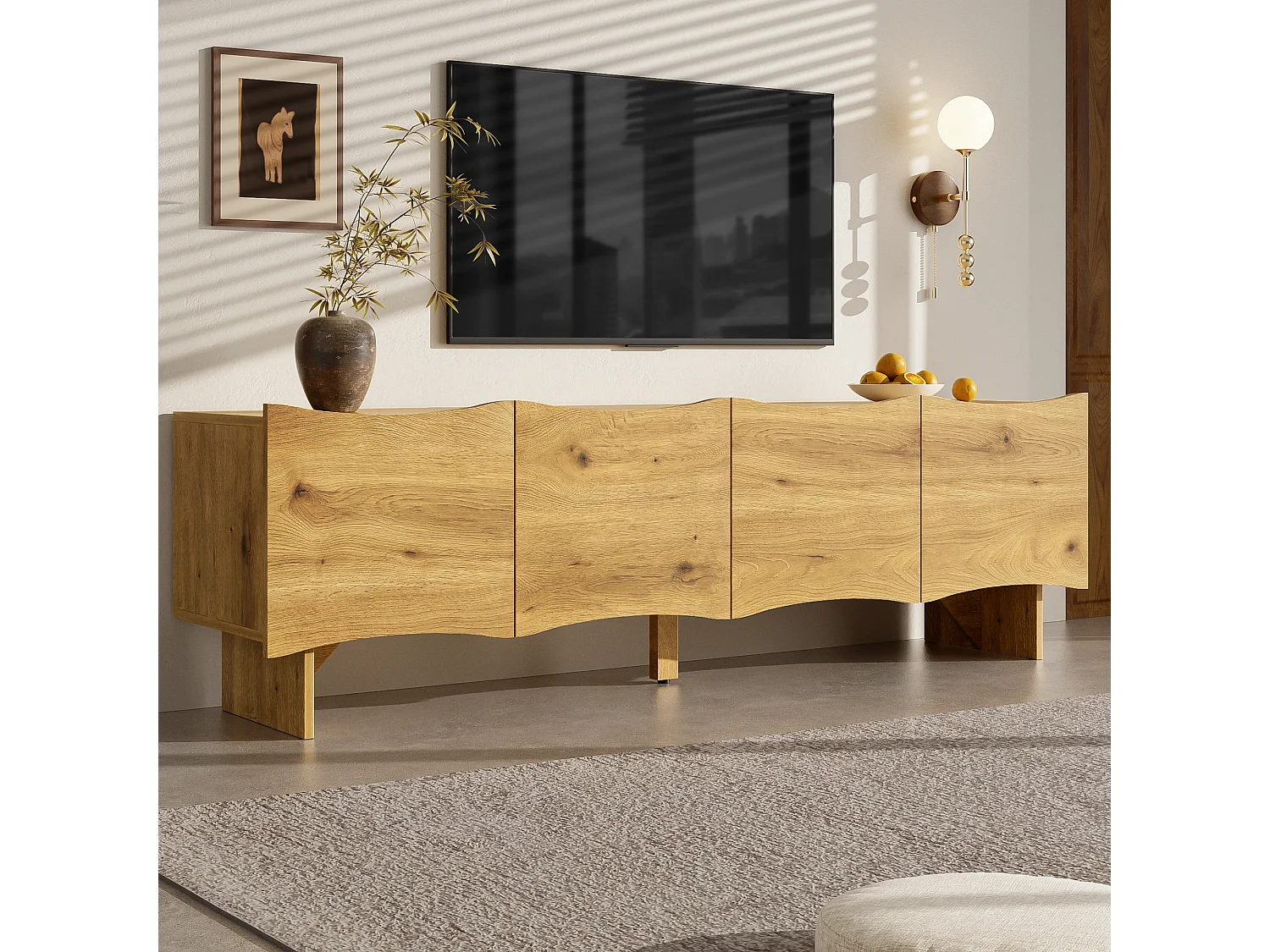 Meuble TV moderne avec motif en vagues, 155 cm, rangement, 4 portes, passe-câbles, design élégant pour le salon.