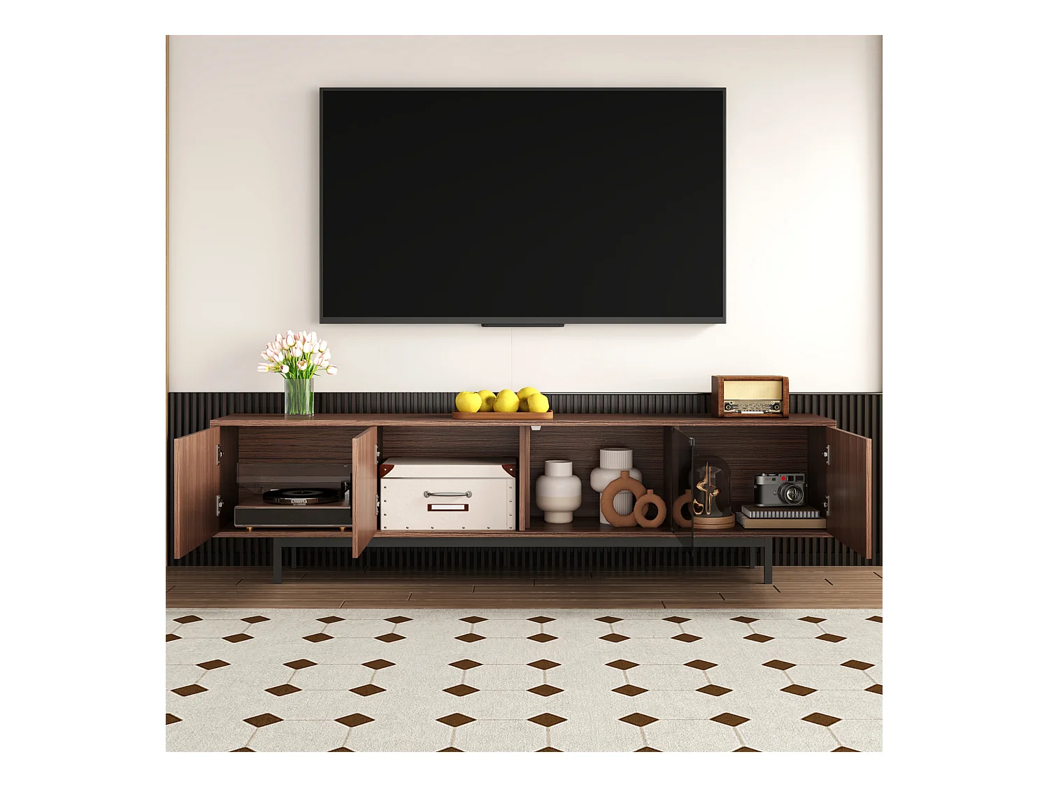 Meuble TV, lowboard avec texture sculptée – Meuble TV avec bande lumineuse LED et porte en verre trempé