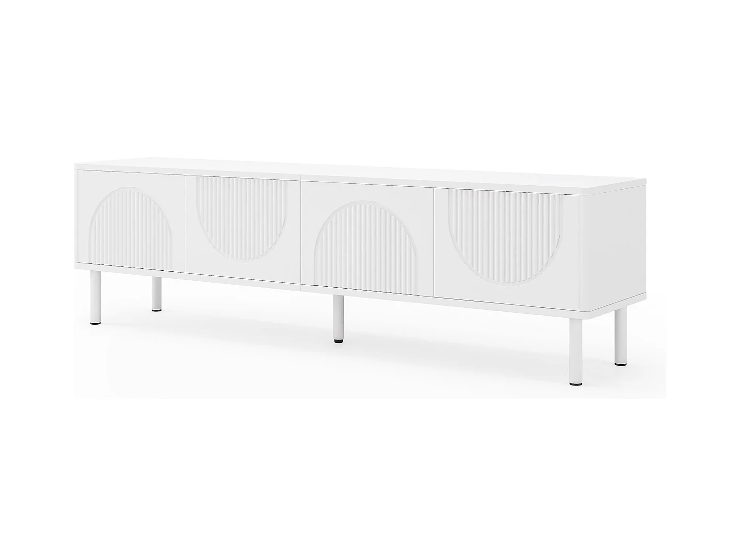 Meuble TV moderne 180 cm avec rangement, surface mate et gestion des câbles, design minimaliste pour salon, chambre ou couloir.