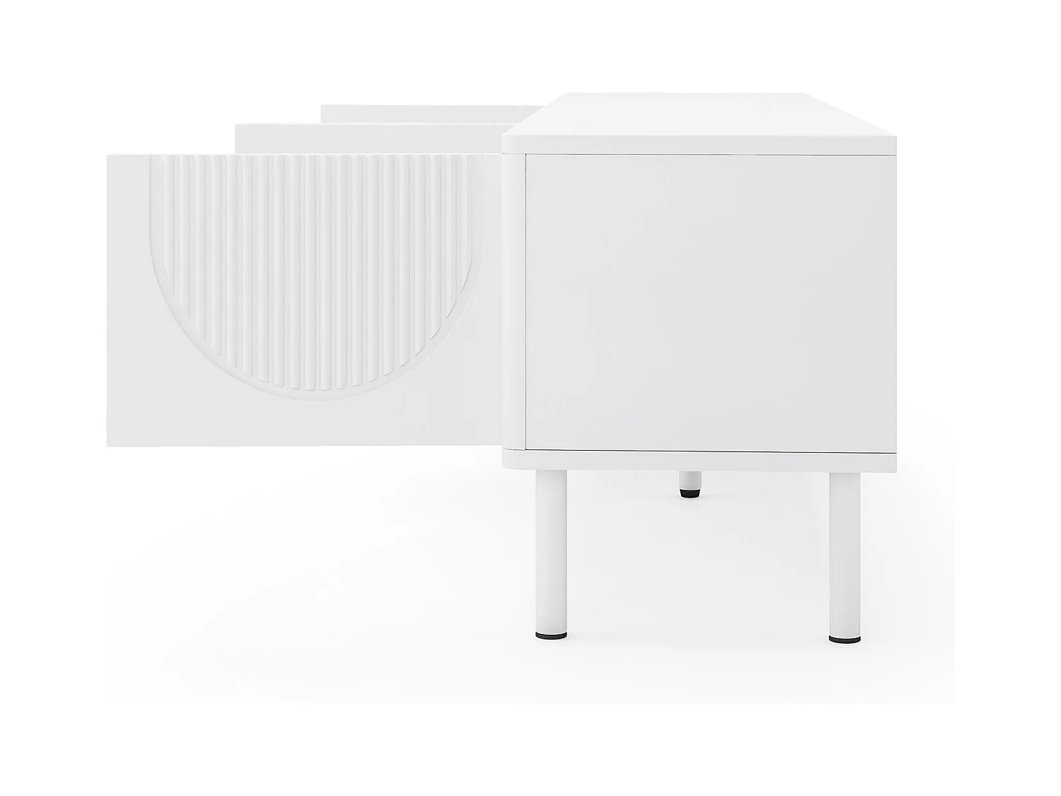 Meuble TV moderne 180 cm avec rangement, surface mate et gestion des câbles, design minimaliste pour salon, chambre ou couloir.