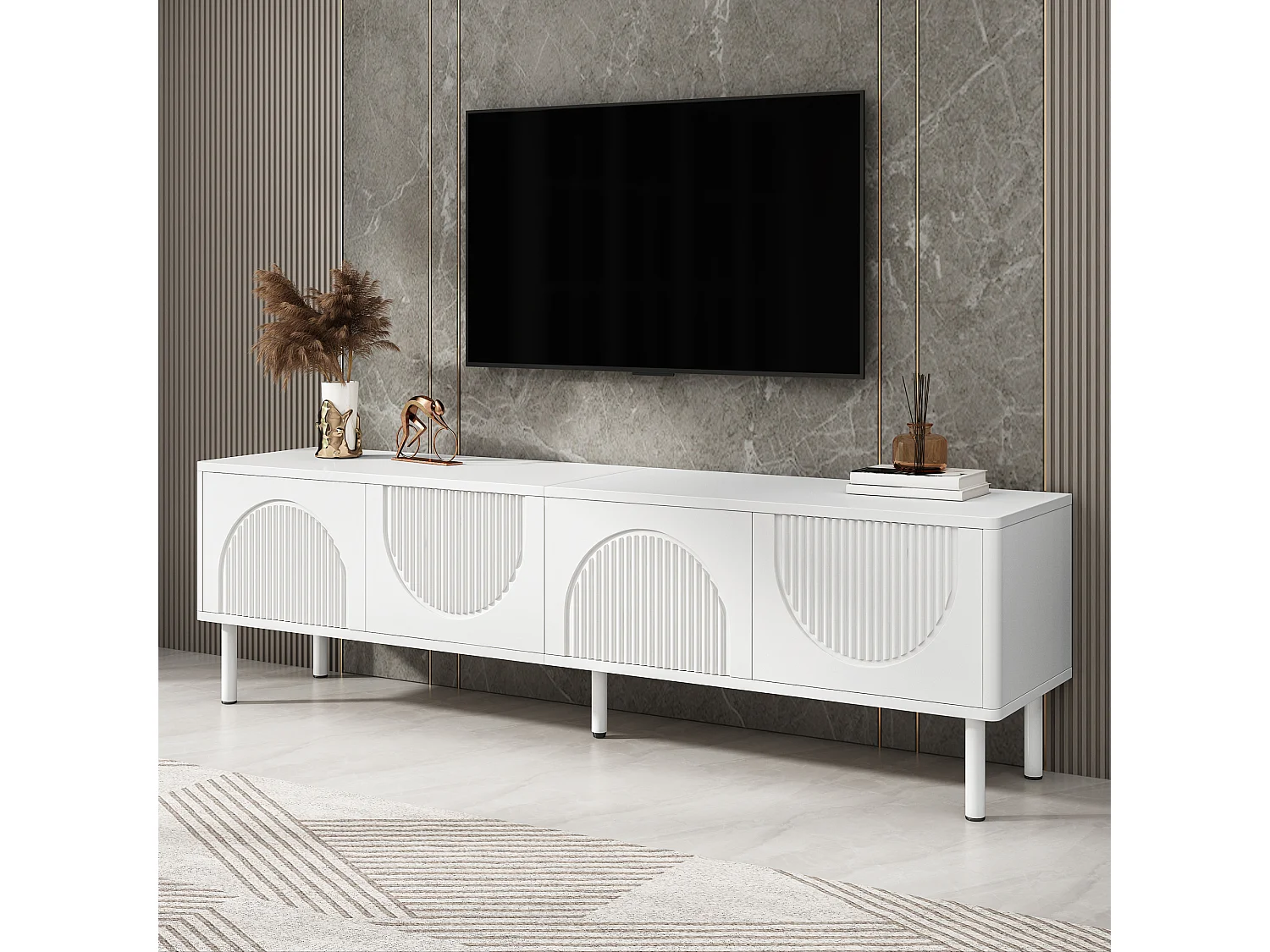 Meuble TV moderne 180 cm avec rangement, surface mate et gestion des câbles, design minimaliste pour salon, chambre ou couloir.