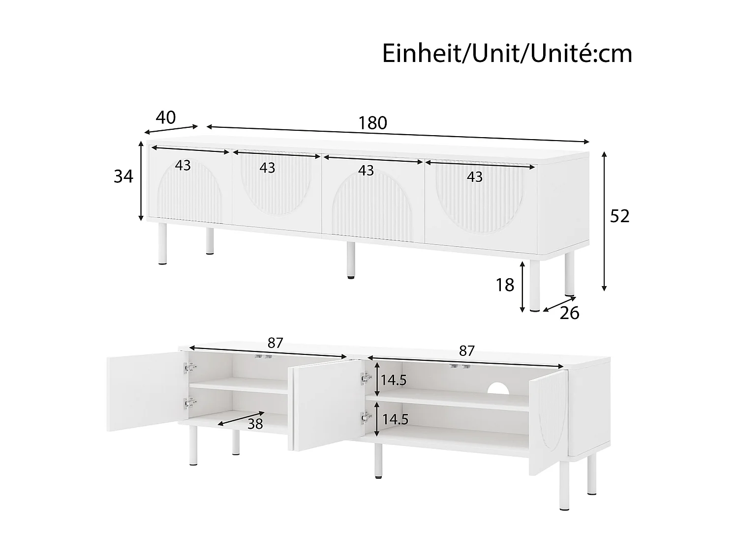 Meuble TV moderne 180 cm avec rangement, surface mate et gestion des câbles, design minimaliste pour salon, chambre ou couloir.