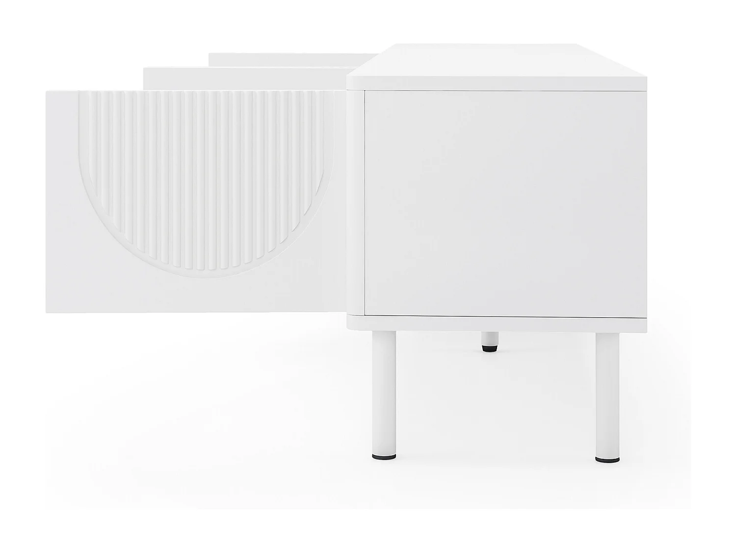 Meuble TV moderne 180 cm avec rangement, surface mate et gestion des câbles, design minimaliste pour salon, chambre ou couloir.