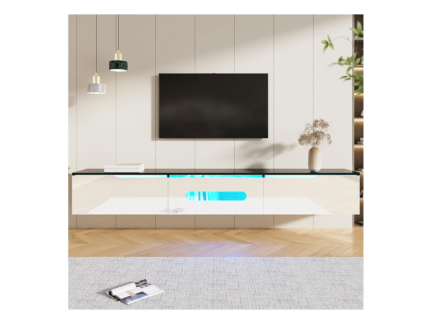 Meuble TV noir et blanc, 180 cm, surface laquée, avec éclairage LED 16 couleurs, montable au mur